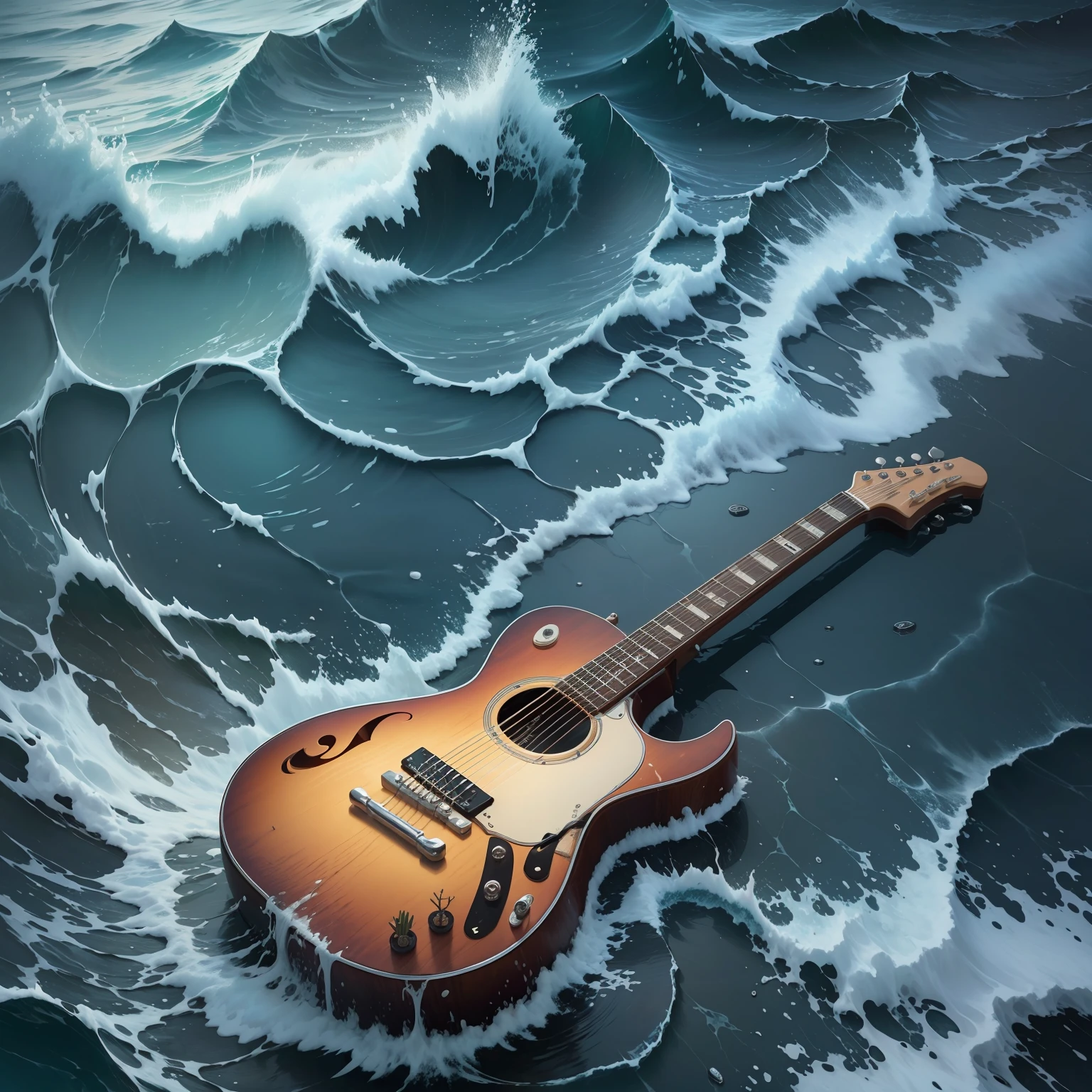 A semi-submerged guitar floats in a rugged sea, rain and cold in the middle of winter, digital art, realistic, intricate details, 16k --auto --s2