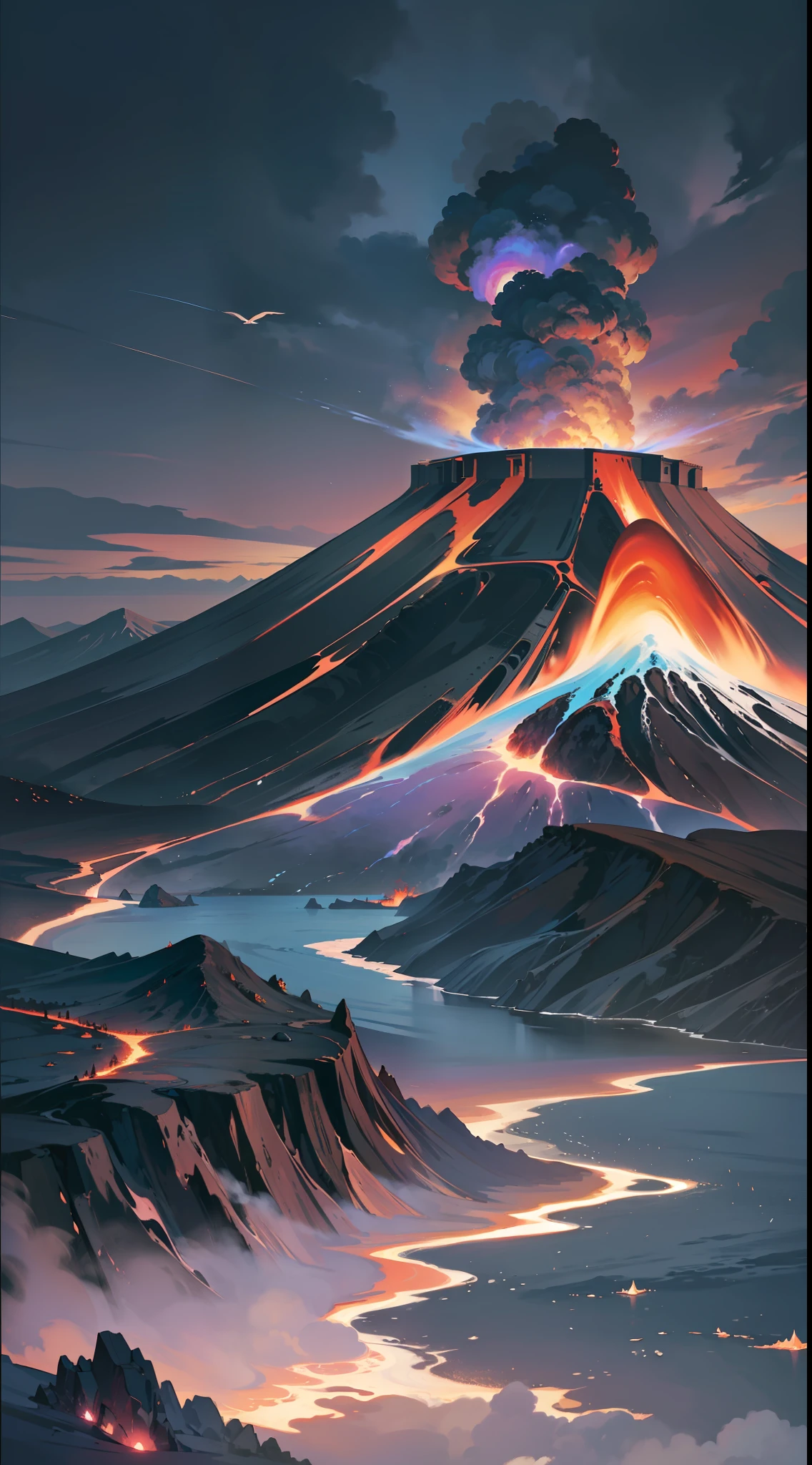 /imagine prompt: "Create an image of a cliff landscape overlooking the sea and an island on the horizon with an erupting volcano, with smoke, soot, purple electricity and lava dripping."
A landscape of a cliff inspired by Japanese art, overlooking the sea. The landscape is dominated by dark and dramatic tones, creating a mysterious atmosphere. On the horizon, there is a volcanic island, with an erupting volcano. The smoke is thick and dark, covering the sky. Black soot spreads across the landscape, creating an effect of dirt and pollution. The scene is completed with purple electricity illuminating the smoke, showing that the volcano is active. Lava trickles down the volcano, creating a trail of fire in the landscape. The scene is complete with seagulls flying through the sky and a fishing boat anchored in the bay.
The medium used would be digital painting with traditional Japanese art techniques, using the watercolor technique to create the soft colors and pastels, while adding textures and effects to create the effect of smoke, soot and lava. —C 10 —Air 2:3