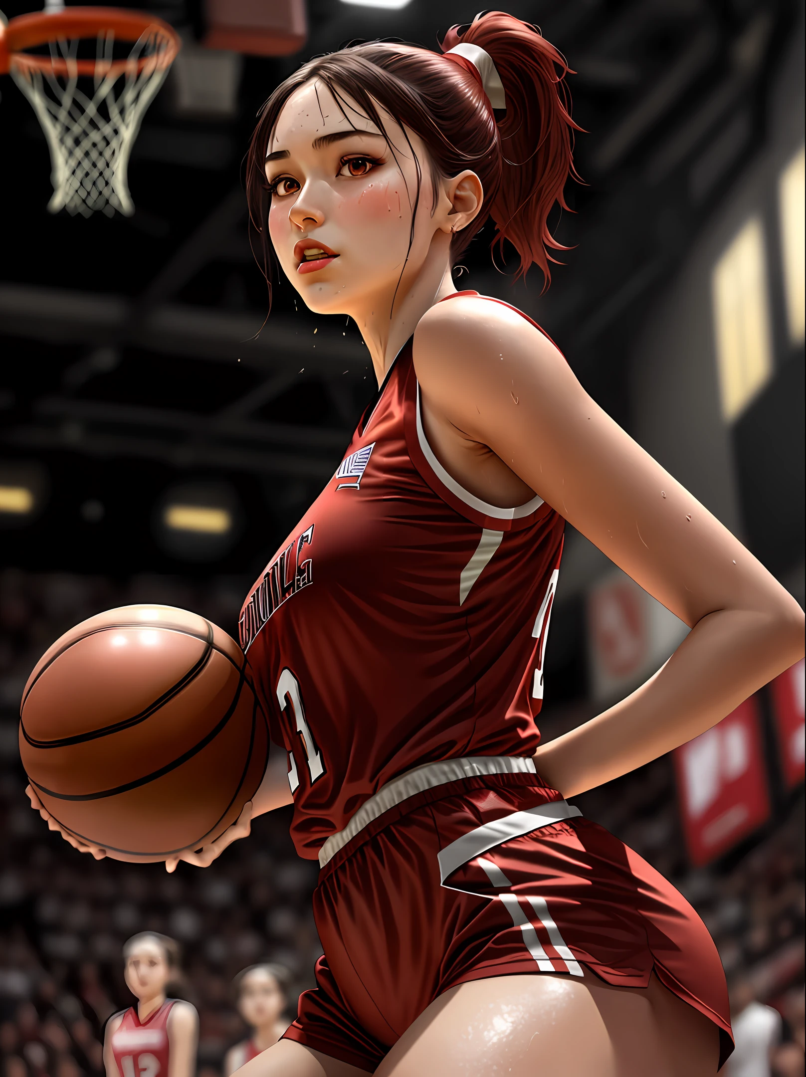 Masterpiece: 1.2, best quality), realistic, (real picture, rich details details, depth of field), (1girl, solo), makeup, cleft lip, high detail, perfect face shape, (big breasts: 1.4), (skindentation ), thick Thighs, wide hips, thin waist, tall, coral, red lips, red eyes, ponytail (girl playing basketball, red basketball uniform), (sweat: 1.2), (wet), sexy, blush,