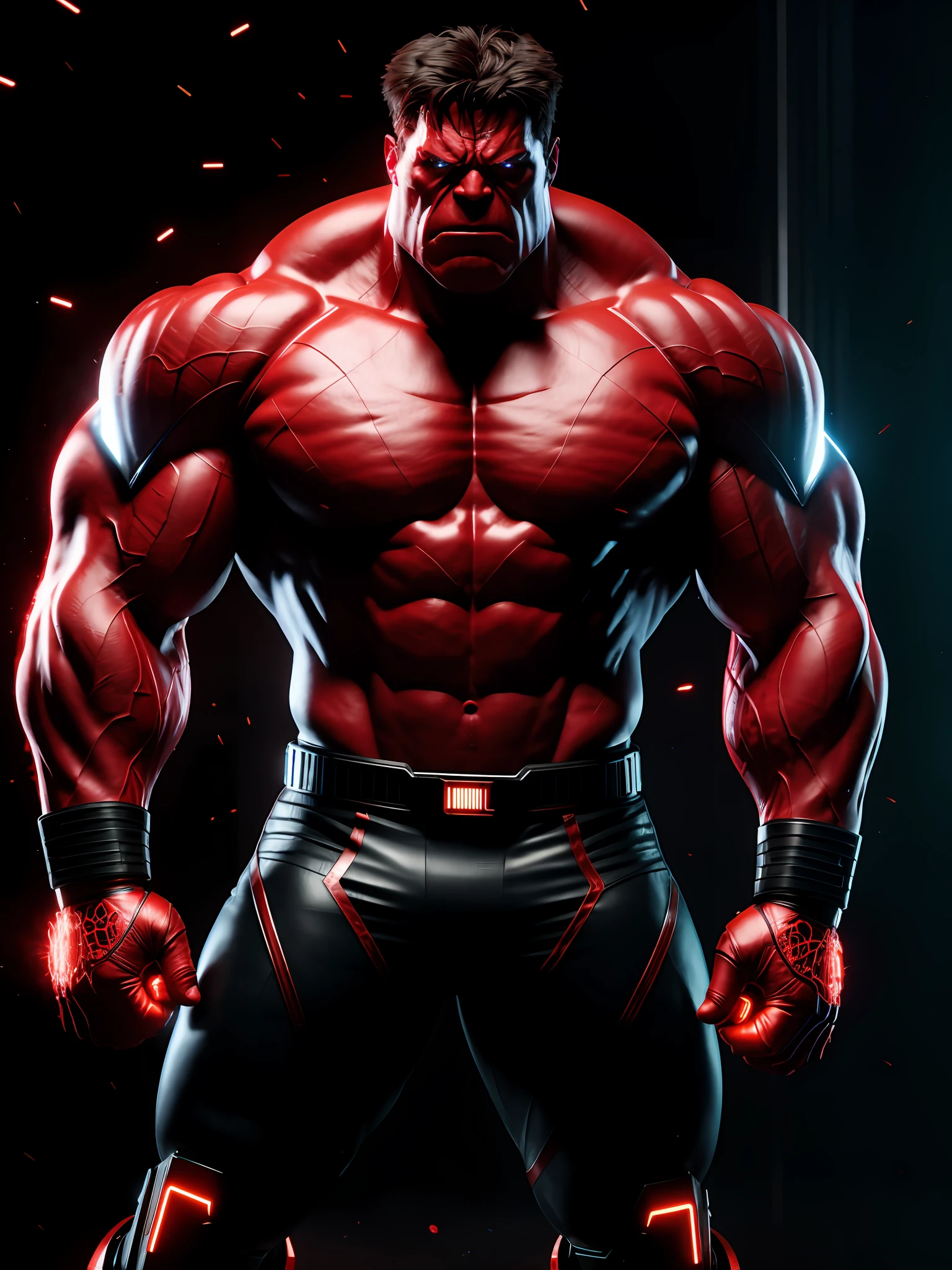 midjourny-v4 style, professional photo shot of Red Hulk from Marvel, with a very detailed intricate cybernetic outfit, a very detailed beautiful face standing in the dark with black particles surrounding the body, proportional body shape + perfect anatomy, symmetrical dynamic pose, volumetric shadow, neon glowing dust particle effect + detailed particles, Full HD rendering + octane 3D rendering + unreal engine 5 graphics 4k UHD + huge Detail + Dramatic Lighting + Good Lighting + Good Lighting + Intricate + Fine Details + Octane Render + Ray Tracing + 8k + Sharp Focus + High Vibration Contrast, Marvel Style, Trending on ArtStation