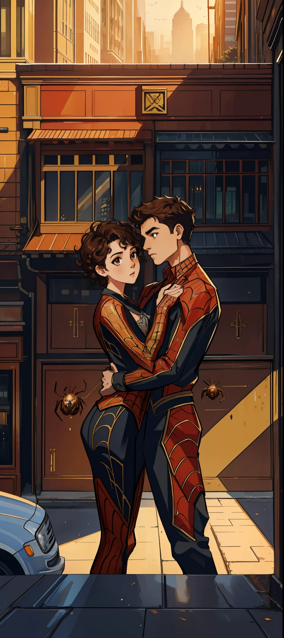 (masterpiece, best quality), intricate details, 8k, artstation, wallpaper, official art, splash art, sharp focus,
1boy, short curly hair, brown eyes, brown hair 
 spider suit, spider web printing, spider web,  
skyscrapers, city, buildings, cars, street,