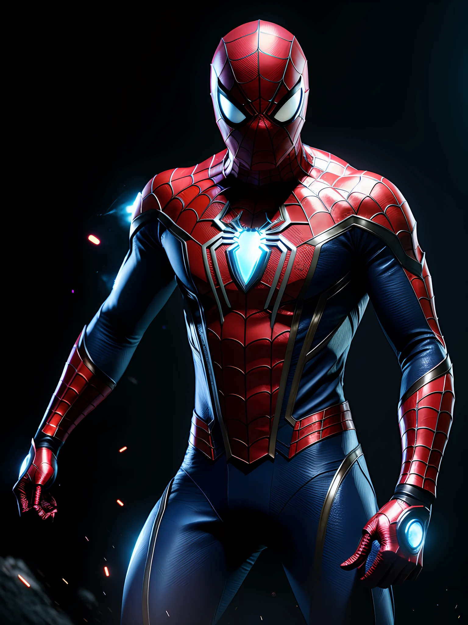 midjourny-v4 style, professional Spider-Man from Marvel photo shot, with a very detailed intricate cybernetic outfit, a very detailed beautiful face standing in the dark with black particles surrounding the body, proportional body shape + perfect anatomy, symmetrical dynamic pose, volumetric shadow, neon glowing dust particle effect + detailed particles, Full HD rendering + octane 3D rendering + unreal engine 5 graphics 4k UHD+ Huge Detail + Dramatic Lighting + Good Lighting + Good Lighting + Intricate + Fine Details + Octane Render + Ray Tracing + 8k + Sharp Focus + High Vibration Contrast, Marvel-Style, Trending on ArtStation