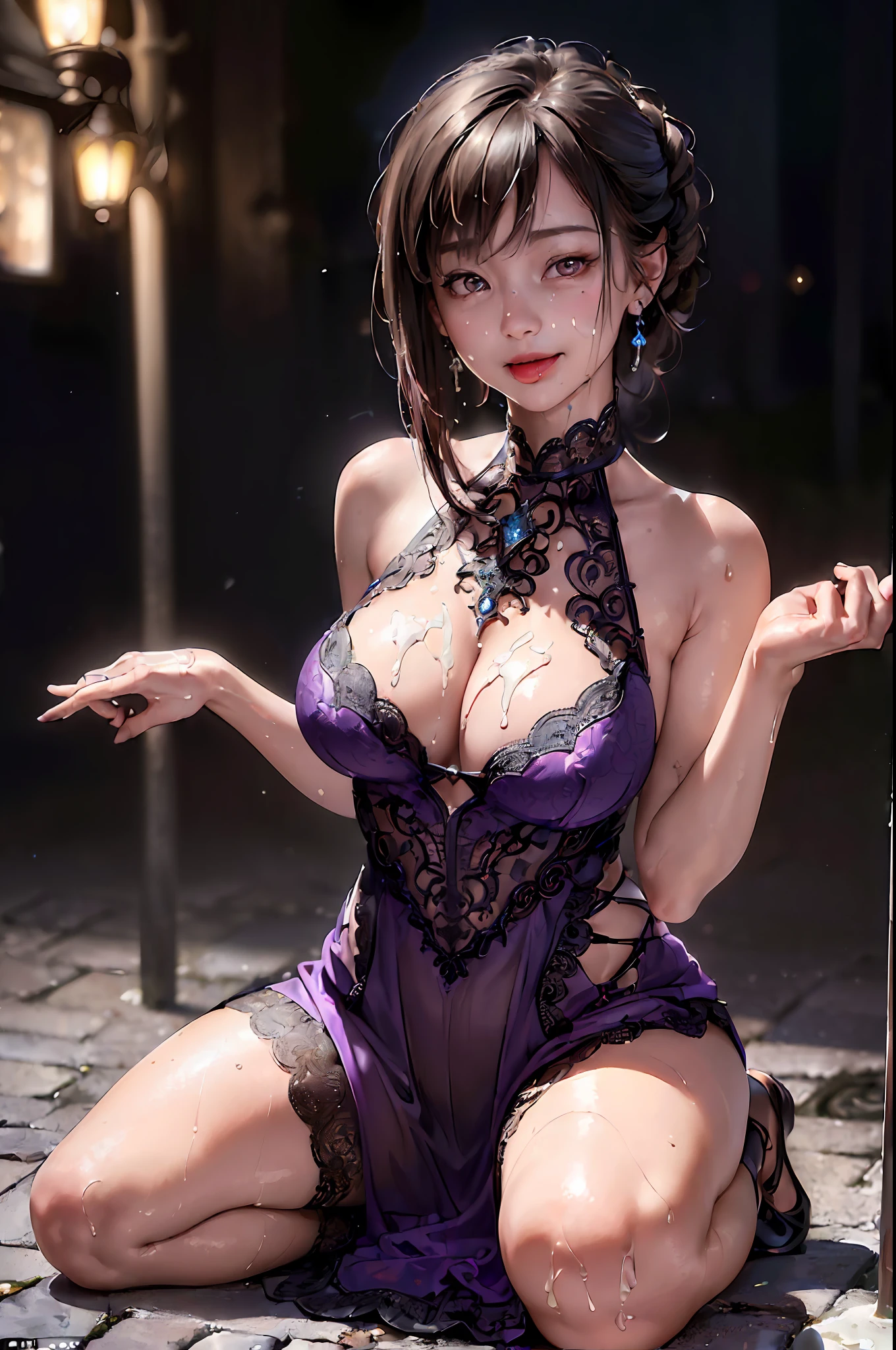 (masterpiece:1.5, best quality:1.5), realistic, (hyper realistic:1.5), (photo realistic:1.5), (real picture, intricate details), looking at viewer, (8k wallpaper:1.5), (detailed face:1.5), (detailed eyes:1.5), (sharp photo),highly detailed, ultra-detailed, ultra high res, Cinematic Light, sidelighting, Lens Flare, Ray tracing, sharp focus, (1girl, __focus__:1.3), (((intricate details, PureErosFace_V1:1.5))),
Style - realistic
Location - European town, cobblestone road, brownstone buildings, old neon signs, red light district, raining
Background - theatre, restaurant, night sky, starry night, out of focus, bokeh, raining
Subject - tifa lockhart in a ((lace purple dress)), gold crescent moon earrings, ((happy smile)), dripping wet, sweaty body, sweaty skin, (((?????????????))) (????),side swept bangs, athletic build, toned arms, Asian, korean model, (kneeling), (masterpiece), (best quality),(detailed facial), (she is kneeling), (flushed cheeks), (tongue sticking out), (((???))), (subject looking up at viewer), (((symmetry))),