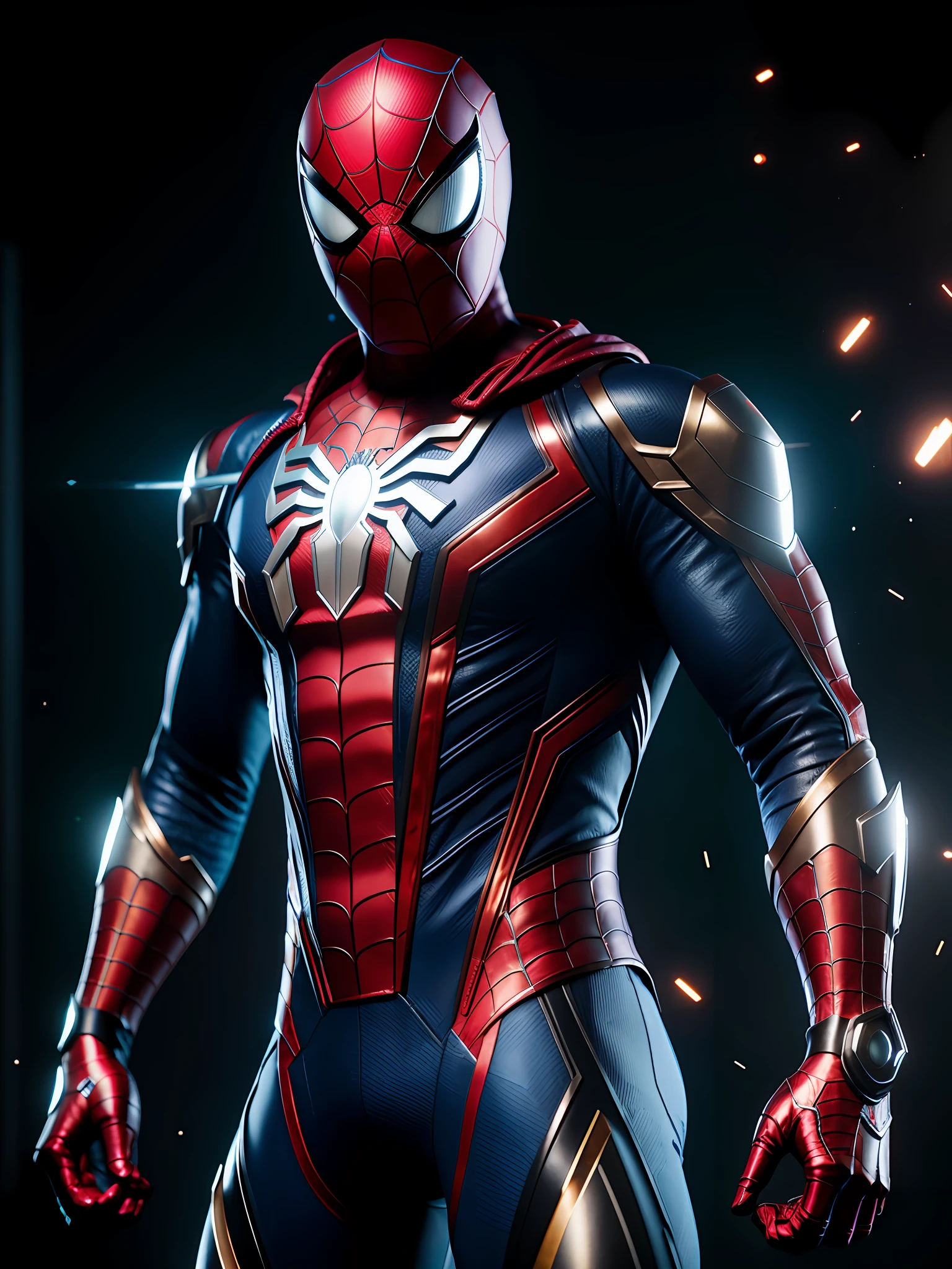 midjourny-v4 style, professional White Spider-Man from Marvel photo shot, with a very detailed intricate cybernetic outfit, a very detailed beautiful face standing in the dark with black particles surrounding the body, proportional body shape + perfect anatomy, symmetrical dynamic pose, volumetric shadow, neon glowing dust particle effect + detailed particles, Full HD rendering + octane 3D rendering + unreal engine 5 graphics 4k UHD+ Huge Detail + Dramatic Lighting + Good Lighting + Good Lighting + Intricate + Fine Details + Octane Render + Ray Tracing + 8k + Sharp Focus + High Vibration Contrast, Marvel-Style, Trending on ArtStation