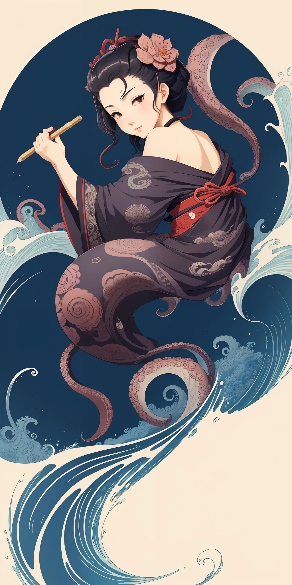 The drawing is an octopus in the style of Katsushika Hokusai