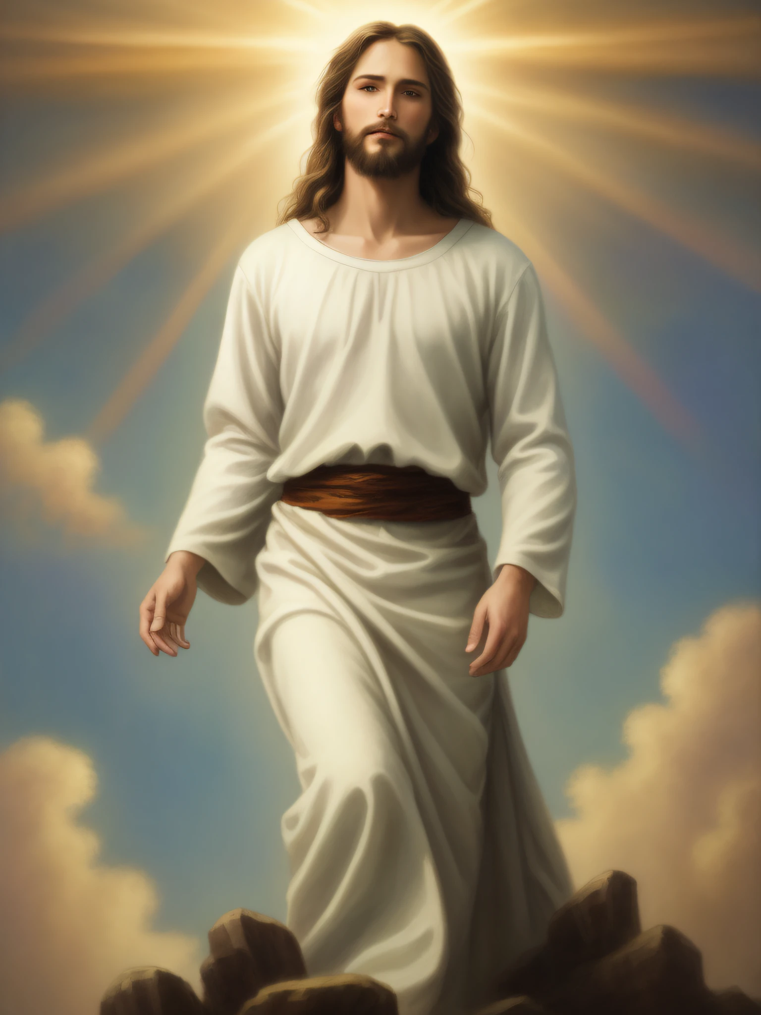 ((Best Quality)), ((Masterpiece)), ((Realistic)) depiction of the glorious Jesus ascending to heaven, rising towards the clouds. The artwork must capture the majestic and awe-inspiring moment of Jesus' ascension. Jesus must be portrayed with a radiant, heavenly presence, exuding divinity and transcendence. As it rises, the surrounding environment should show a vast sky with billowing clouds, creating a sense of grandeur and spiritual elevation. The lighting should be radiant, casting a heavenly glow on Jesus and illuminating the scene with a heavenly aura. The artwork must be created in a realistic style using oil on canvas as the medium. The color scheme should be bright and celestial, incorporating ethereal tones and hues that convey the celestial nature of the moment. Details must be intricately captured, ensuring a high-definition depiction that evokes a sense of wonder, awe, and the profound significance of Jesus' ascension into heaven. The overall composition should inspire a sense of wonder and the transcendent power of faith. At eye level, scenic, masterpiece, no double image.