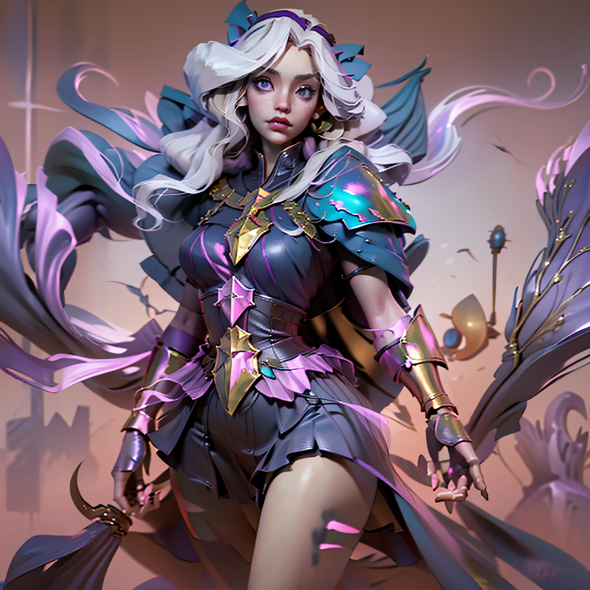 human, woman, realistic, blonde, conjurer (RPG), Armor covering breasts and waist, belly exposed, wearing huge cape on the back, 3 thorns come out of the cover at neck height and ends up above the head, blue and purple clothes, holding giant golden staff.