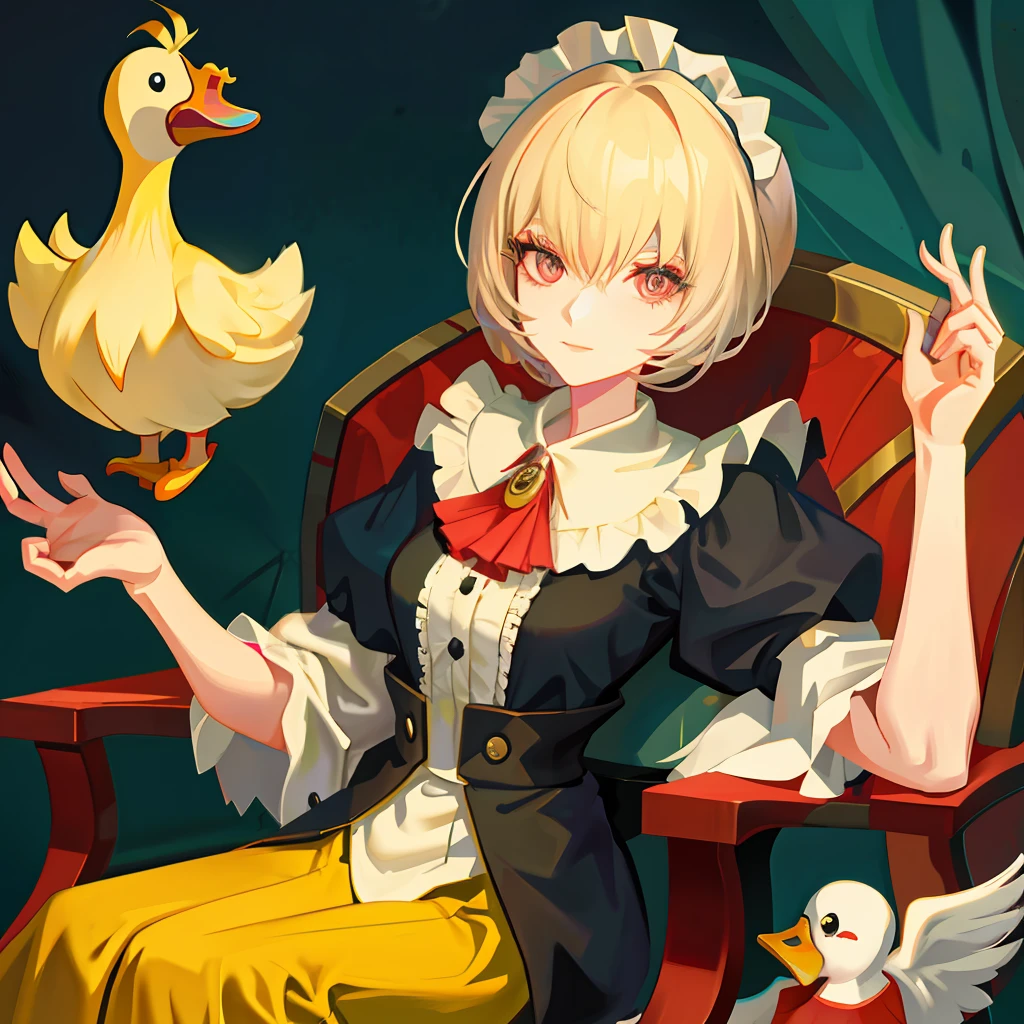 Lady puppet, duck sits