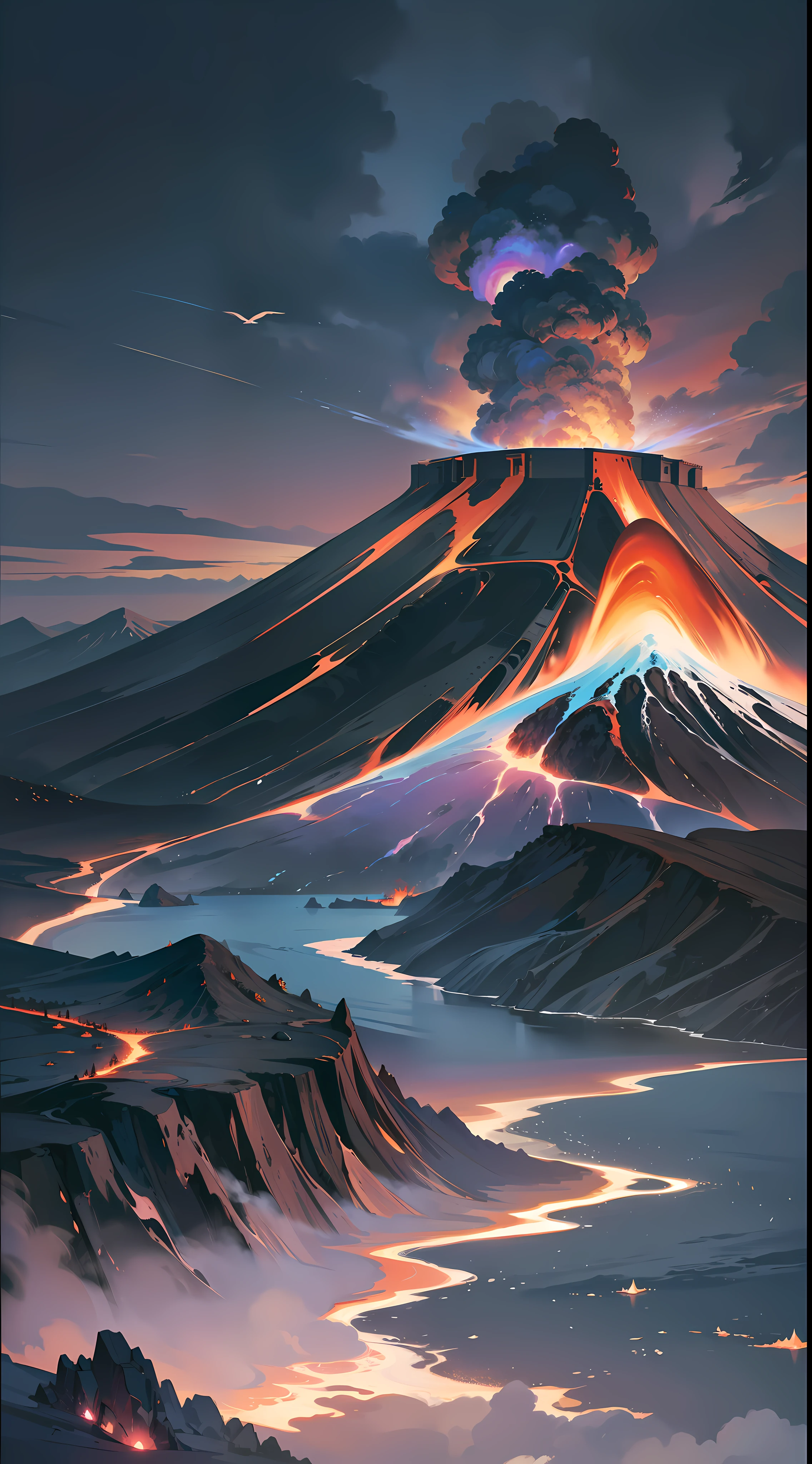 /imagine prompt: "Create an image of a cliff landscape overlooking the sea and an island on the horizon with an erupting volcano, with smoke, soot, purple electricity and lava dripping."
A landscape of a cliff inspired by Japanese art, overlooking the sea. The landscape is ted by dark and dramatic tones, creating a mysterious atmosphere. On the horizon, there is a volcanic island, with an erupting volcano. The smoke is thick and dark, covering the sky. Black soot spreads across the landscape, creating an effect of dirt and pollution. The scene is completed with purple electricity illuminating the smoke, showing that the volcano is active. Lava trickles down the volcano, creating a trail of fire in the landscape. The scene is complete with seagulls flying through the sky and a fishing boat anchored in the bay.
The medium used would be digital painting with traditional Japanese art techniques, using the watercolor technique to create the soft colors and pastels, while adding textures and effects to create the effect of smoke, soot and lava. —C 10 —Air 2:3