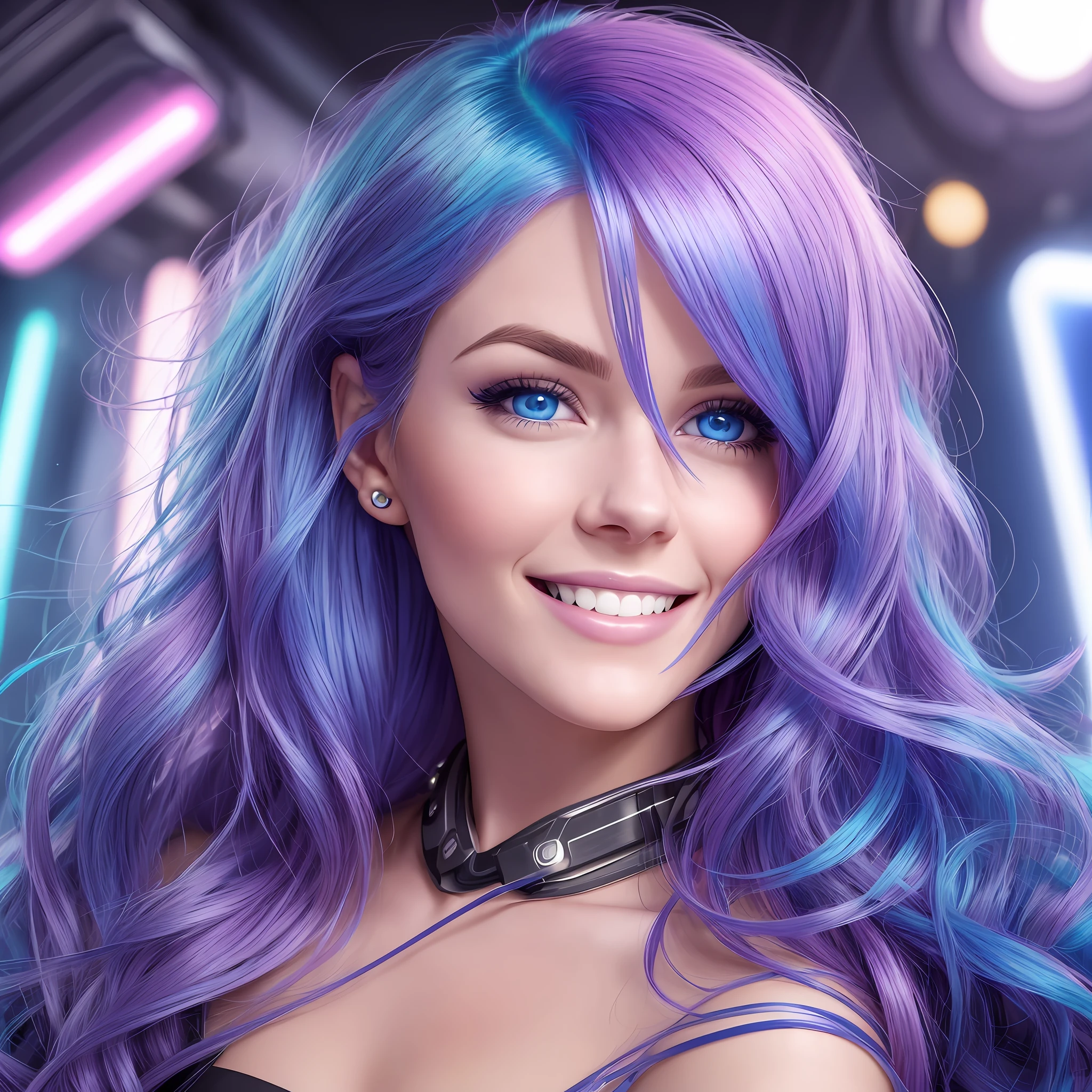 Photograph of the face of a beautiful 25-year-old woman. (Colored hair) Sharpness on the face. Dimples. Blue eyes. Realism, shy smile. Futuristic neon setting. Futurism