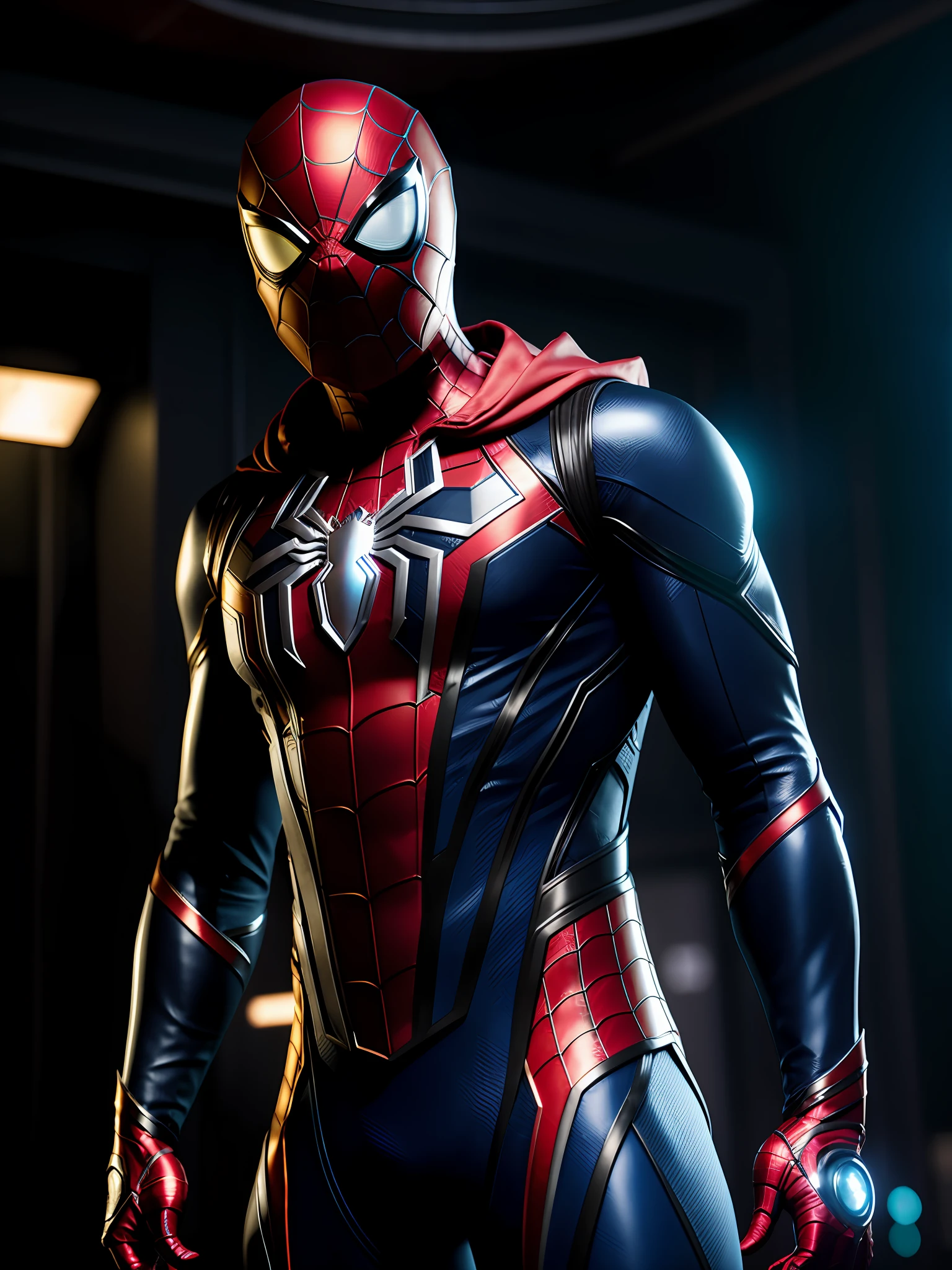 midjourny-v4 style, professional Black Spider-Man from Marvel photo shot, with a very detailed intricate cybernetic outfit, a very detailed beautiful face standing in the dark with black particles surrounding the body, proportional body shape + perfect anatomy, symmetrical dynamic pose, volumetric shadow, neon glowing dust particle effect + detailed particles, Full HD rendering + octane 3D rendering + unreal engine 5 graphics 4k UHD+ Huge Detail + Dramatic Lighting + Good Lighting + Good Lighting + Intricate + Fine Details + Octane Render + Ray Tracing + 8k + Sharp Focus + High Vibration Contrast, Marvel-Style, Trending on ArtStation