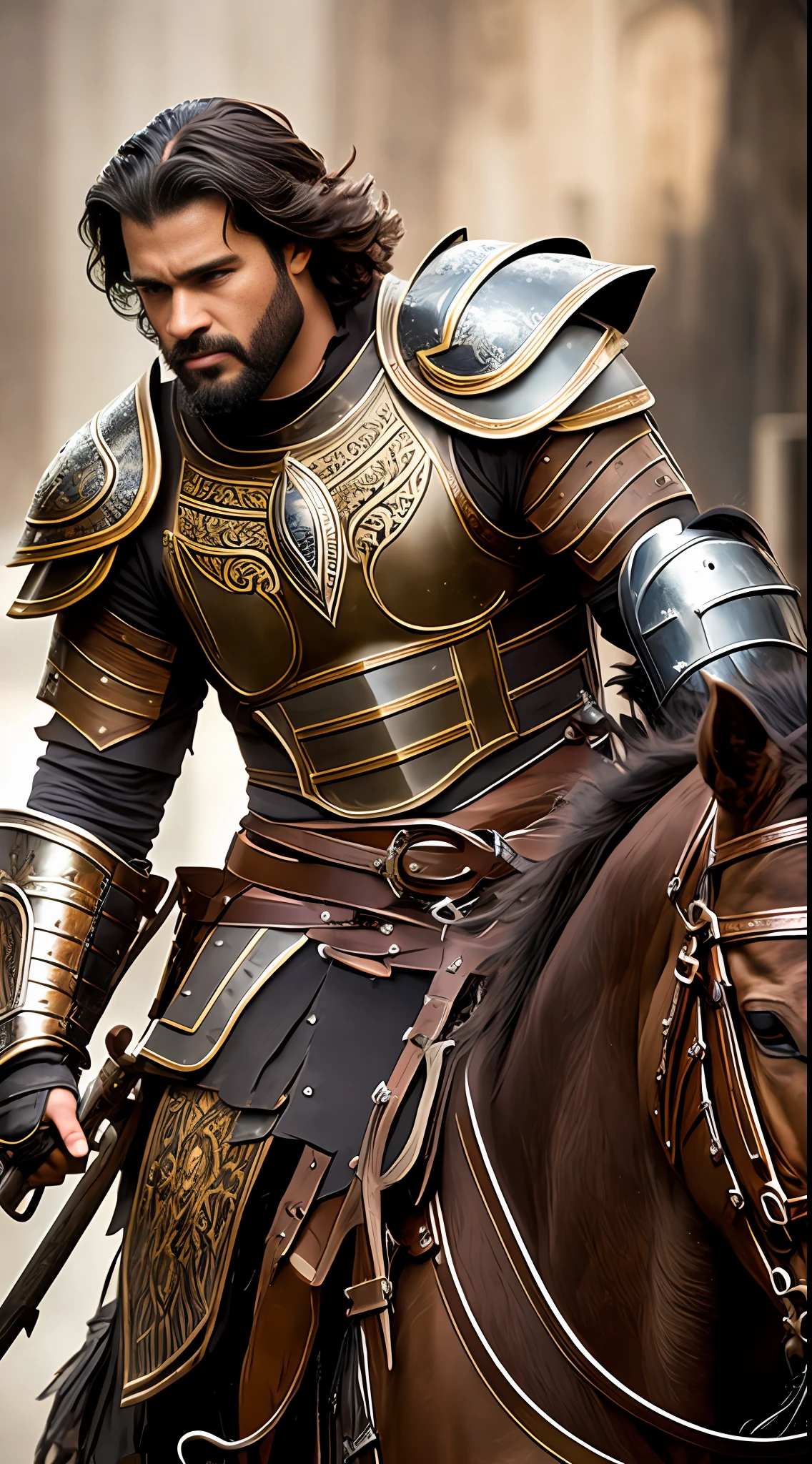 masterpiece, high quality, best quality, beautiful, hd, realistic, perfect lighting, detailed face, detailed body, 1 man, solo, short black hair, brown eyes, black short beard, gladiator style brown leather clothing: 1.4), on a horse, leather armor, 1 sword in the hands, war battle background, muscular, robust, angry look, --auto --s2