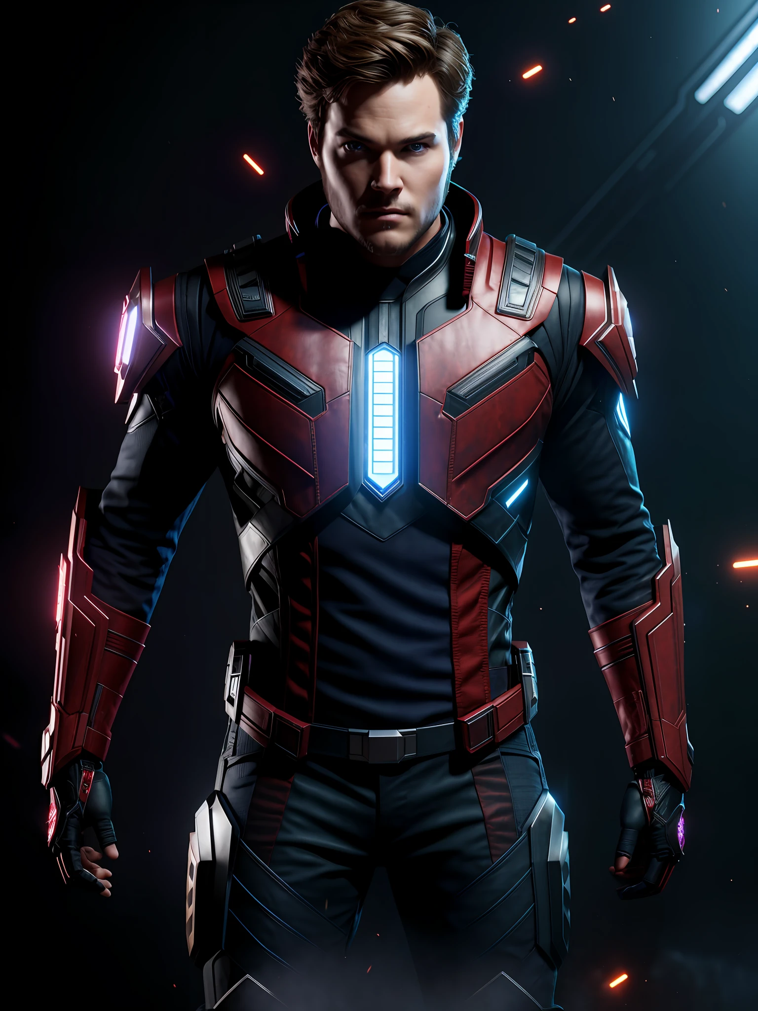 midjourny-v4 style, professional photo shot of Star-Lord from Marvel, with a very detailed intricate cybernetic outfit, a very detailed beautiful face standing in the dark with black particles surrounding the body, proportional body shape + perfect ???????, symmetrical dynamic pose, volumetric shadow, neon glowing dust particle effect + detailed particles, Full HD rendering + octane 3D rendering + unreal engine 5 graphics 4k UHD+  Huge Detail + Dramatic Lighting + Good Lighting + Good Lighting + Intricate + Fine Details + Octane Render + Ray Tracing + 8k + Sharp Focus + High Vibration Contrast, Marvel-Style, Trending on ArtStation