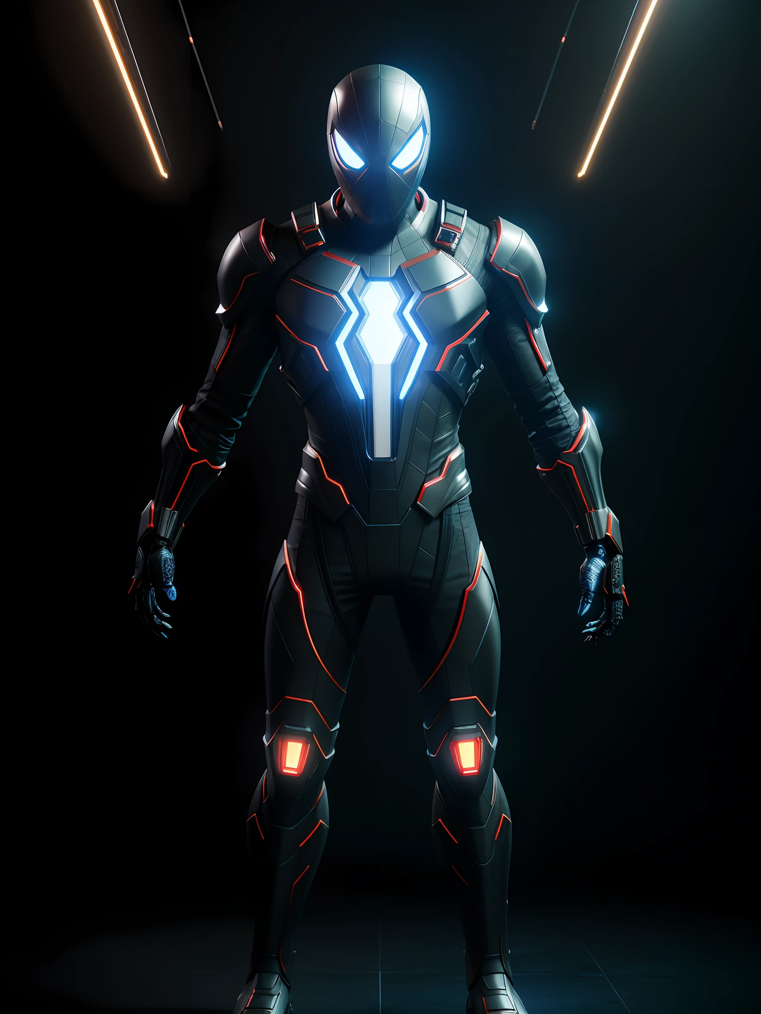 midjourny-v4 style, professional Ghost-Spider from Marvel photography, with a very detailed intricate cybernetic outfit, a very detailed beautiful face standing in the dark with black particles surrounding the body, proportional body shape + perfect anatomy, symmetrical dynamic pose, volumetric shadow, neon glowing dust particle effect + detailed particles, Full HD rendering + octane 3D rendering + unreal engine 5 graphics 4k UHD+ Huge Detail + Dramatic Lighting + Good Lighting + Good Lighting + Intricate + Fine Details + Octane Render + Ray Tracing + 8k + Sharp Focus + High Vibration Contrast, Marvel-Style, Trending on ArtStation