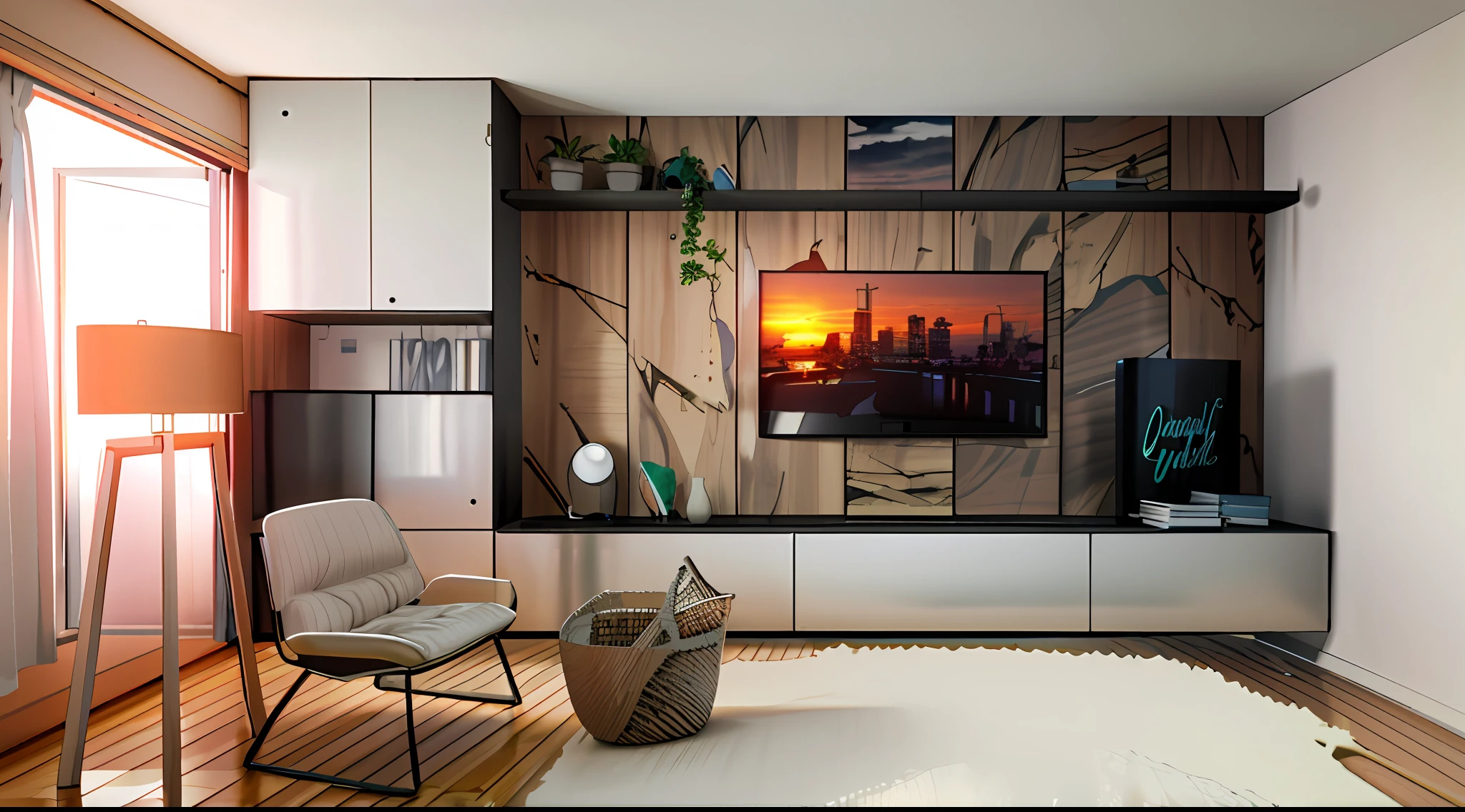 realistic minimalist living room with a chair and a television, wooden plank floor, sunset afternoon, detailed apartment design, 3d model