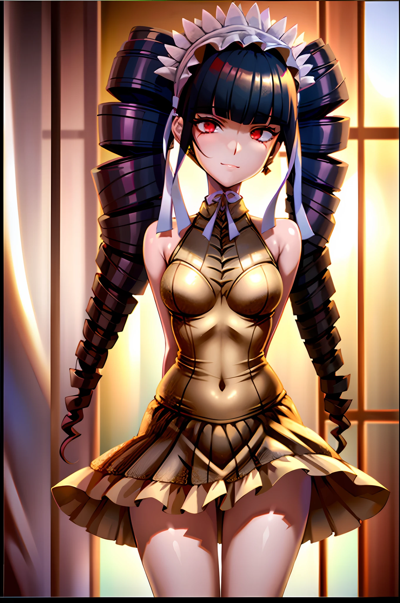 a ballet dancer in a ballet pose, inside a studio, wearing ballet dress,
good hand,4k, high-res, masterpiece, best quality, head:1.3,((Hasselblad photography)), finely detailed skin, sharp focus, (cinematic lighting),  soft lighting, dynamic angle, [:(detailed face:1.2):0.2], medium breasts, Celestia Ludenburg, has black hair in two large twin-drill pigtails, red eyes, black hair, sexy