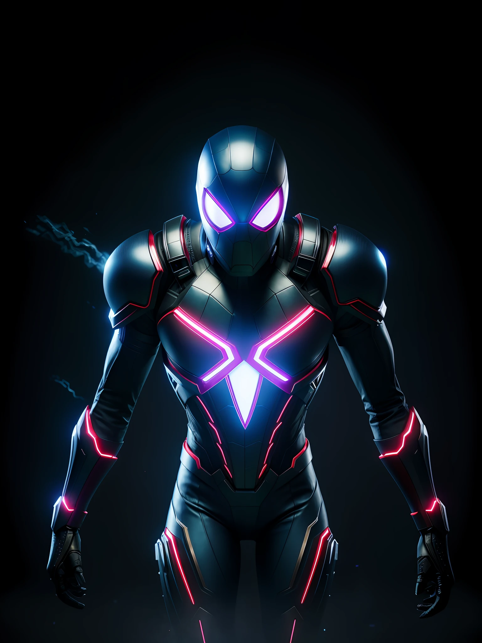 midjourny-v4 style, professional Ghost-Spider from Marvel photography, with a very detailed intricate cybernetic outfit, a very detailed beautiful face standing in the dark with black particles surrounding the body, proportional body shape + perfect ???????, symmetrical dynamic pose, volumetric shadow, neon glowing dust particle effect + detailed particles, Full HD rendering + octane 3D rendering + unreal engine 5 graphics 4k UHD+  Huge Detail + Dramatic Lighting + Good Lighting + Good Lighting + Intricate + Fine Details + Octane Render + Ray Tracing + 8k + Sharp Focus + High Vibration Contrast, Marvel-Style, Trending on ArtStation
