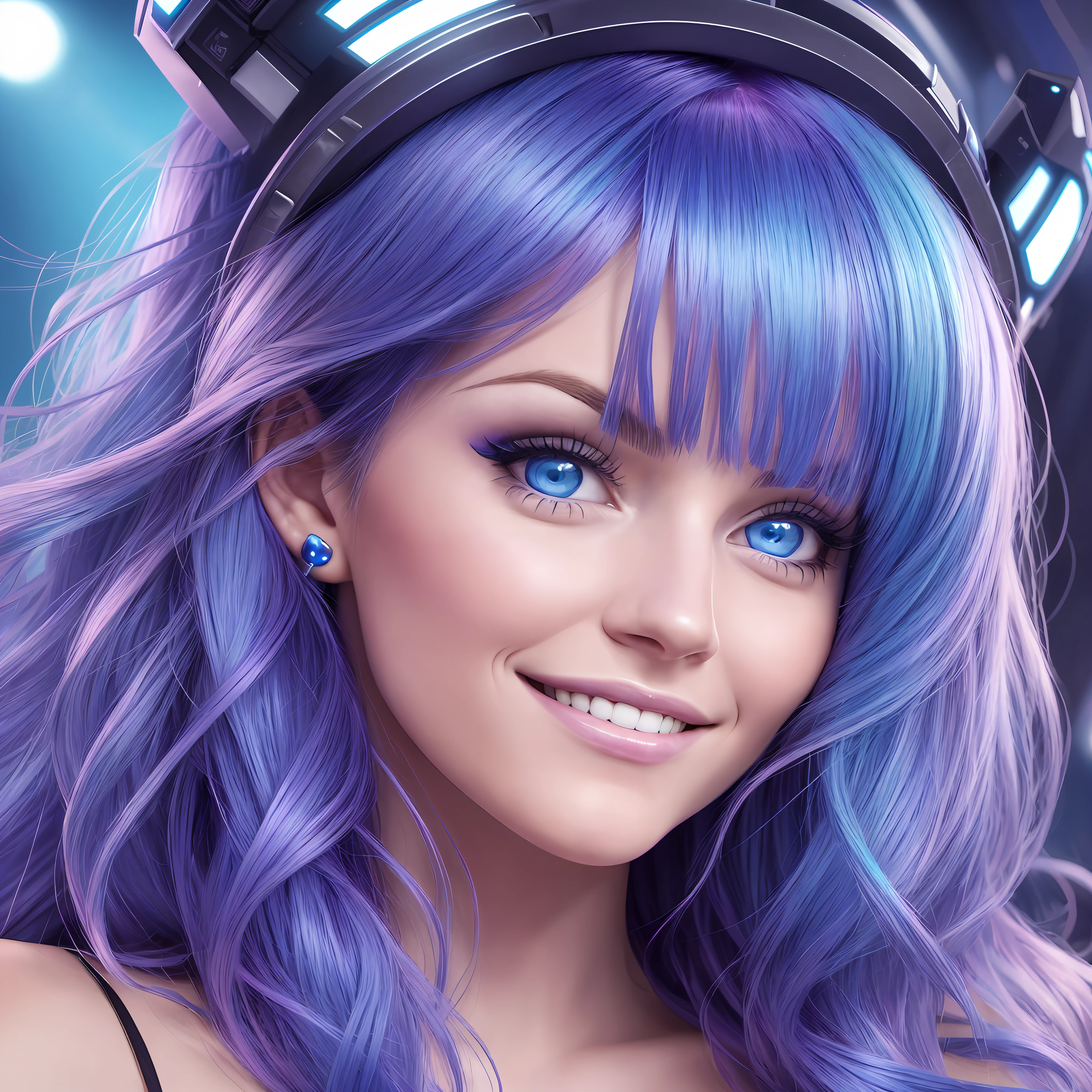 Photograph of the face of a beautiful 25-year-old woman. (Colored hair) Sharpness on the face. Dimples. Blue eyes. Realism, shy smile. Futuristic neon setting. Futurism