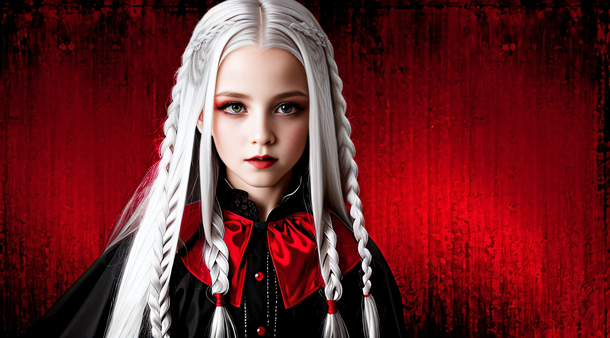 GIRLS VAMPIRE CHILDREN, RED EYES. AND LONG PLATINUM HAIR WITH BRAIDS, red background.