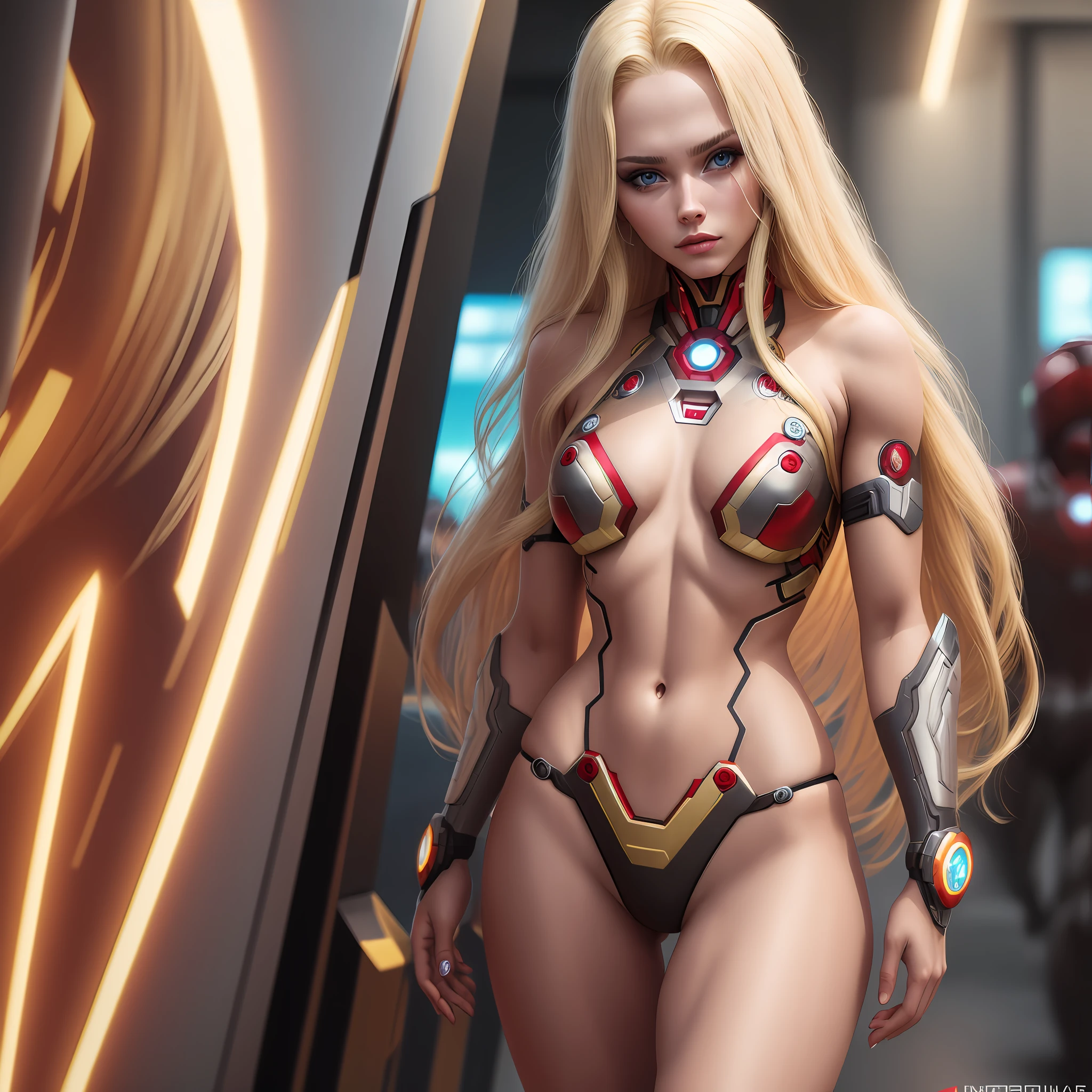 Russian, Blonde, Model, Piercing, Brazilian bikini, Long hair, Blonde hair, Ironman, Futuristic, Hyperrealism, 8k, super detail