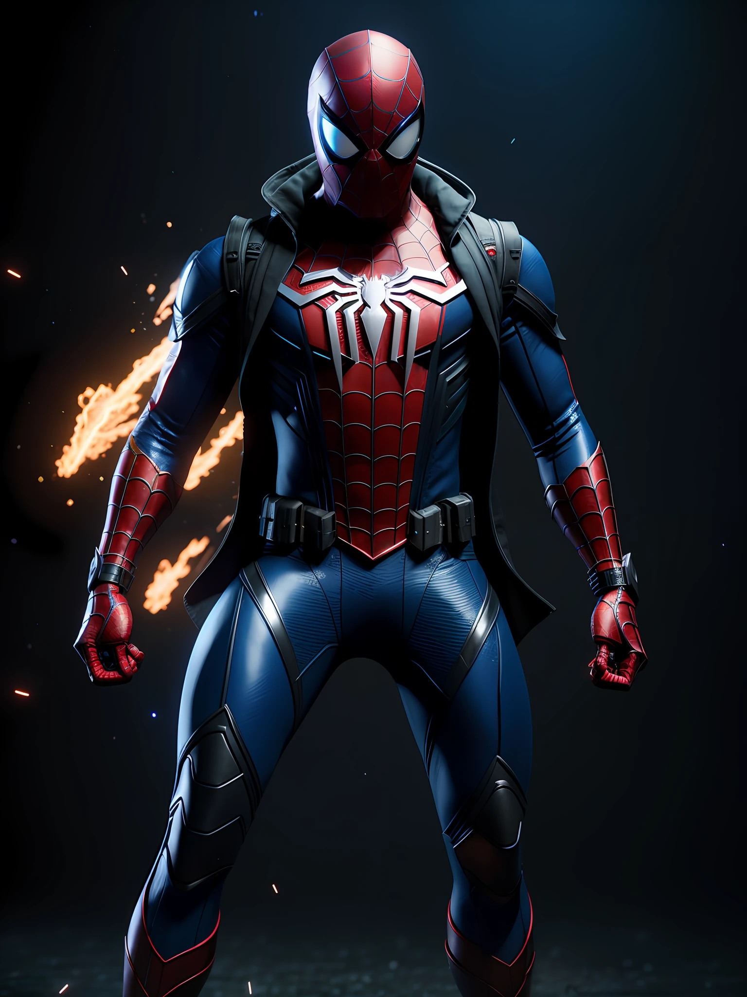 midjourny-v4 style, professional photograph of Spider-Man Noir from Marvel, with a very detailed intricate cybernetic outfit, a very detailed beautiful face standing in the dark with black particles surrounding the body, proportional body shape + perfect anatomy, symmetrical dynamic pose, volumetric shadow, neon glowing dust particle effect + detailed particles, Full HD rendering + octane 3D rendering + unreal engine 5 graphics 4k UHD+ Huge Detail + Dramatic Lighting + Good Lighting + Good Lighting + Intricate + Fine Details + Octane Render + Ray Tracing + 8k + Sharp Focus + High Vibration Contrast, Marvel-Style, Trending on ArtStation