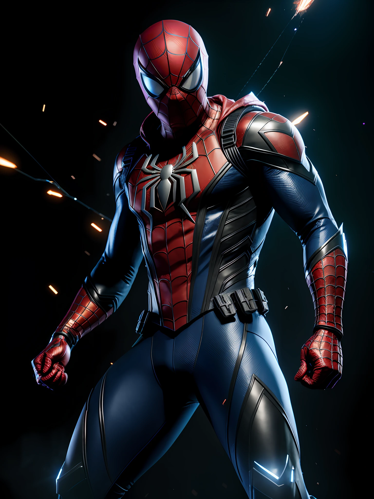 midjourny-v4 style, professional photograph of Spider-Man Noir from Marvel, with a very detailed intricate cybernetic outfit, a very detailed beautiful face standing in the dark with black particles surrounding the body, proportional body shape + perfect anatomy, symmetrical dynamic pose, volumetric shadow, neon glowing dust particle effect + detailed particles, Full HD rendering + octane 3D rendering + unreal engine 5 graphics 4k UHD+  Huge Detail + Dramatic Lighting + Good Lighting + Good Lighting + Intricate + Fine Details + Octane Render + Ray Tracing + 8k + Sharp Focus + High Vibration Contrast, Marvel-Style, Trending on ArtStation