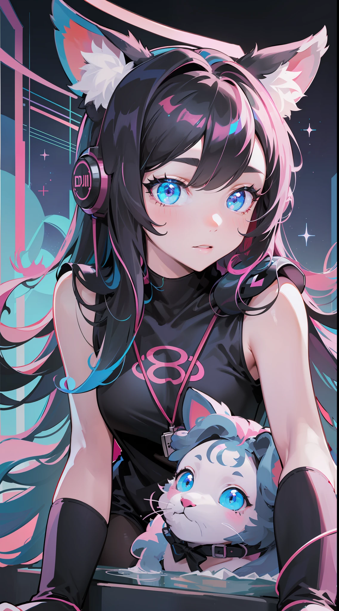 (masterpiece: 1.2, best quality), (full body:1.5), 1girl, cute, (multicolored hair, black hair, with hot pink streaks), goggles on head, gamer, egirl, dog ears, dog girl, ears down, floppy ears, girl with floppy dog ears, dog ears, dog tail, rgb lights, glowing neon decoration, neon lights, office, playstation, screens, gaming controller, playful, long eyelashes, 8k, (beautiful detailed face), (beautiful detailed eyes), cute bright colors, neon colors