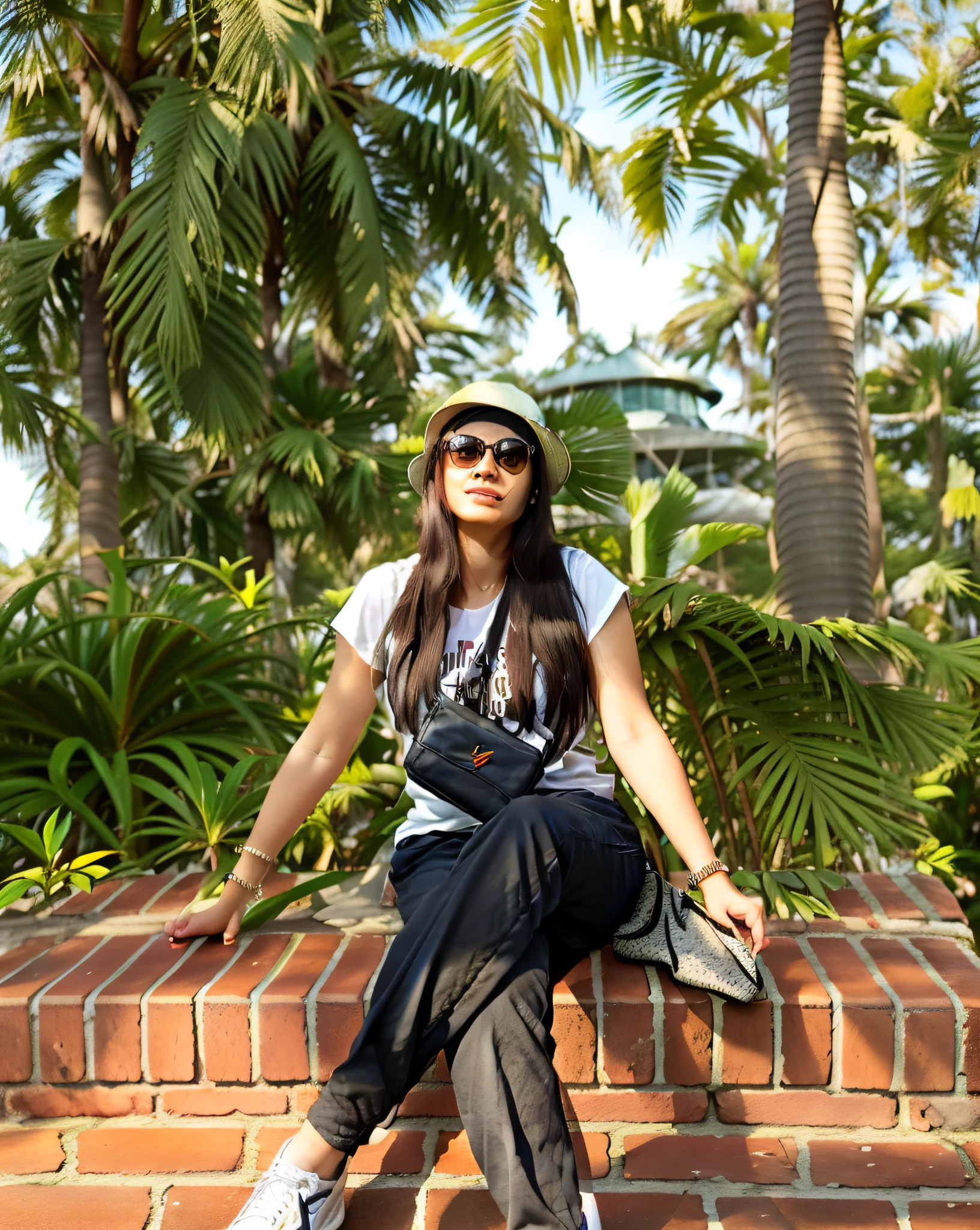 Woman sitting on a brick wall with a sunglasses, profile picture, in a park, sunny during the day, standing in a botanical garden, avatar image, sitting on a park bench, sitting casually, with palm trees on the back, in the park on a beautiful day, High quality, black bag, black hair, black pants,  White sneakers, white hat.