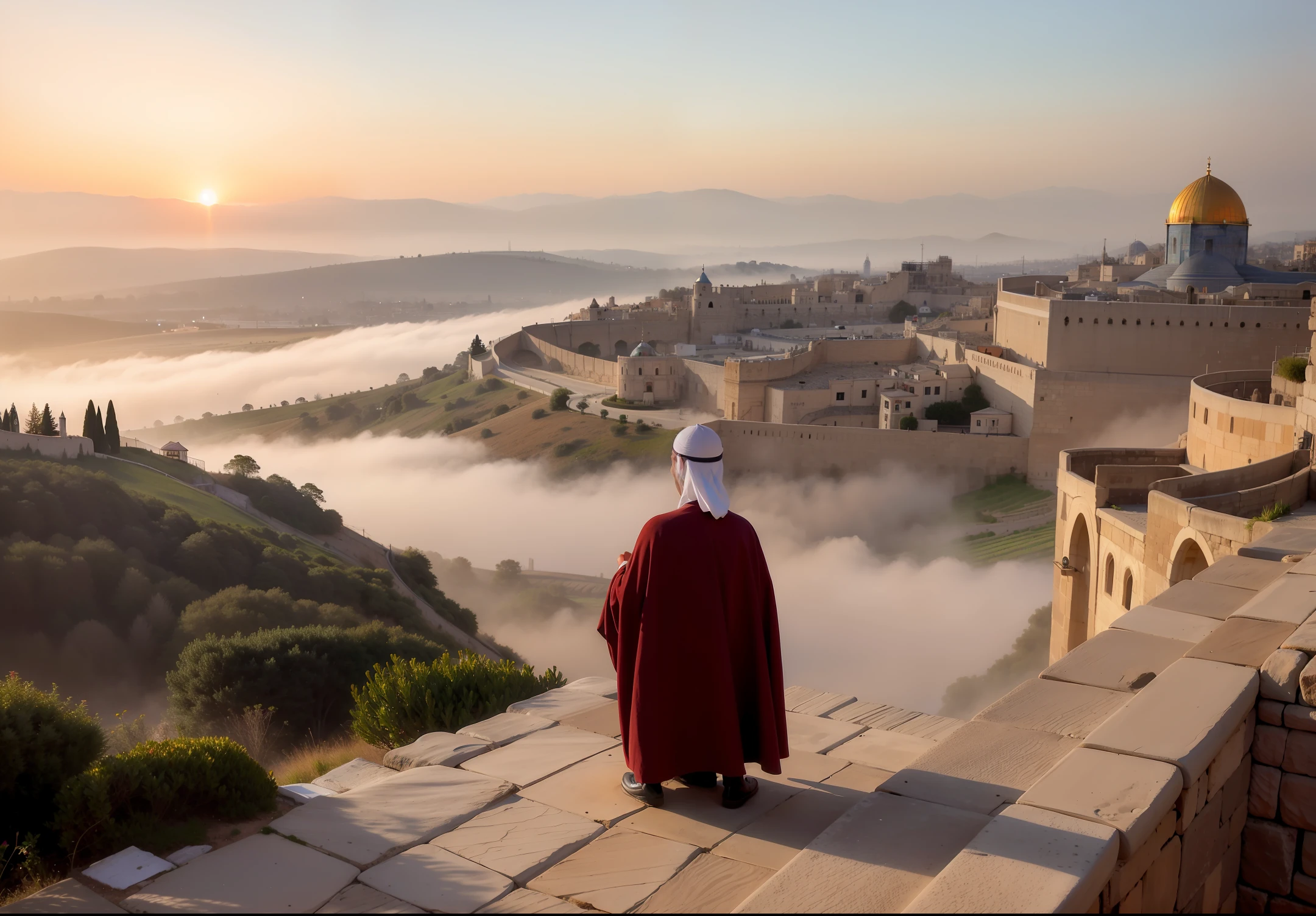 Old Jerusalem and back in mist, empty, and only the cross of Christ on Calvary