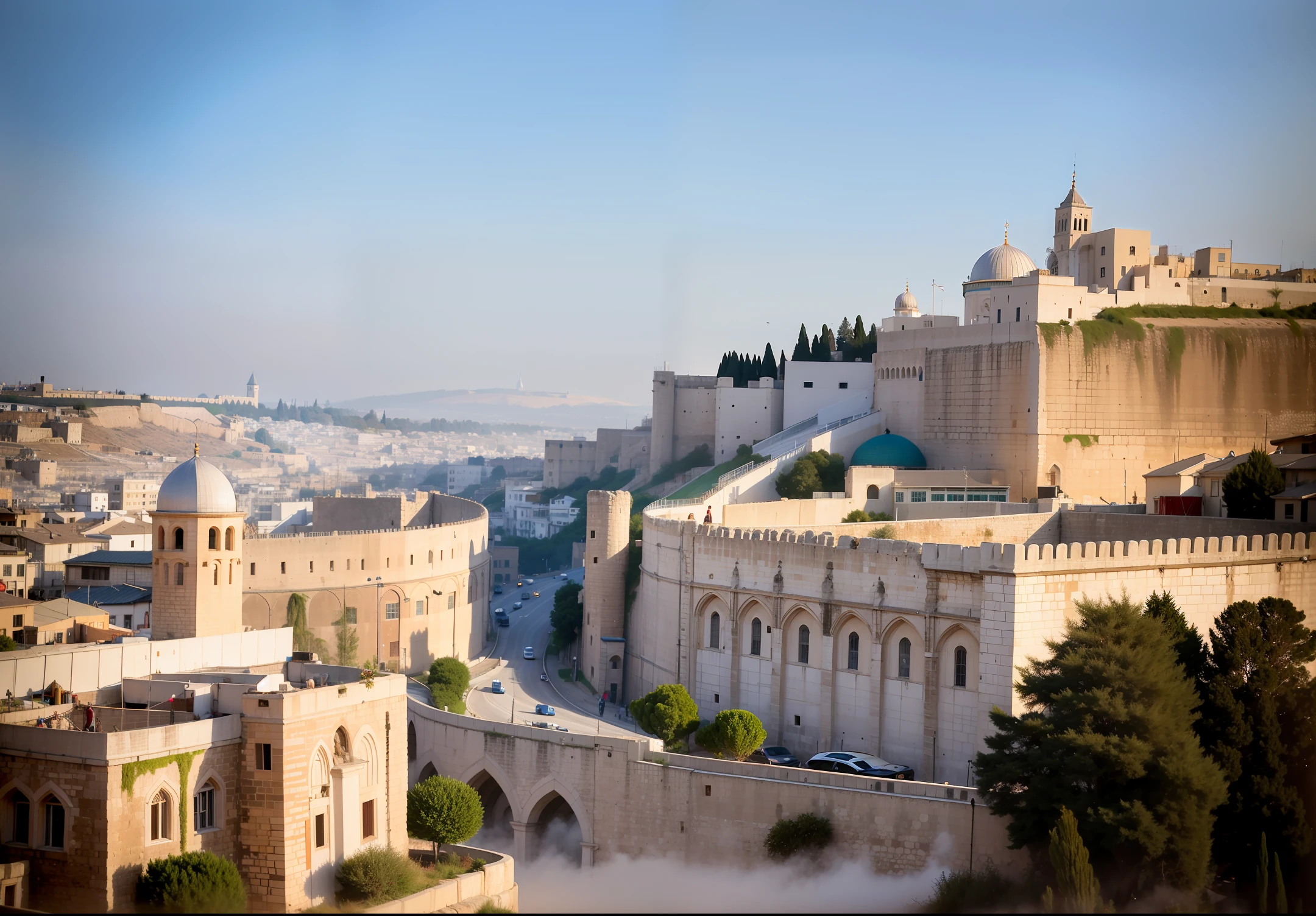 Old Jerusalem and back in mist, empty, and only the cross of Christ on Calvary