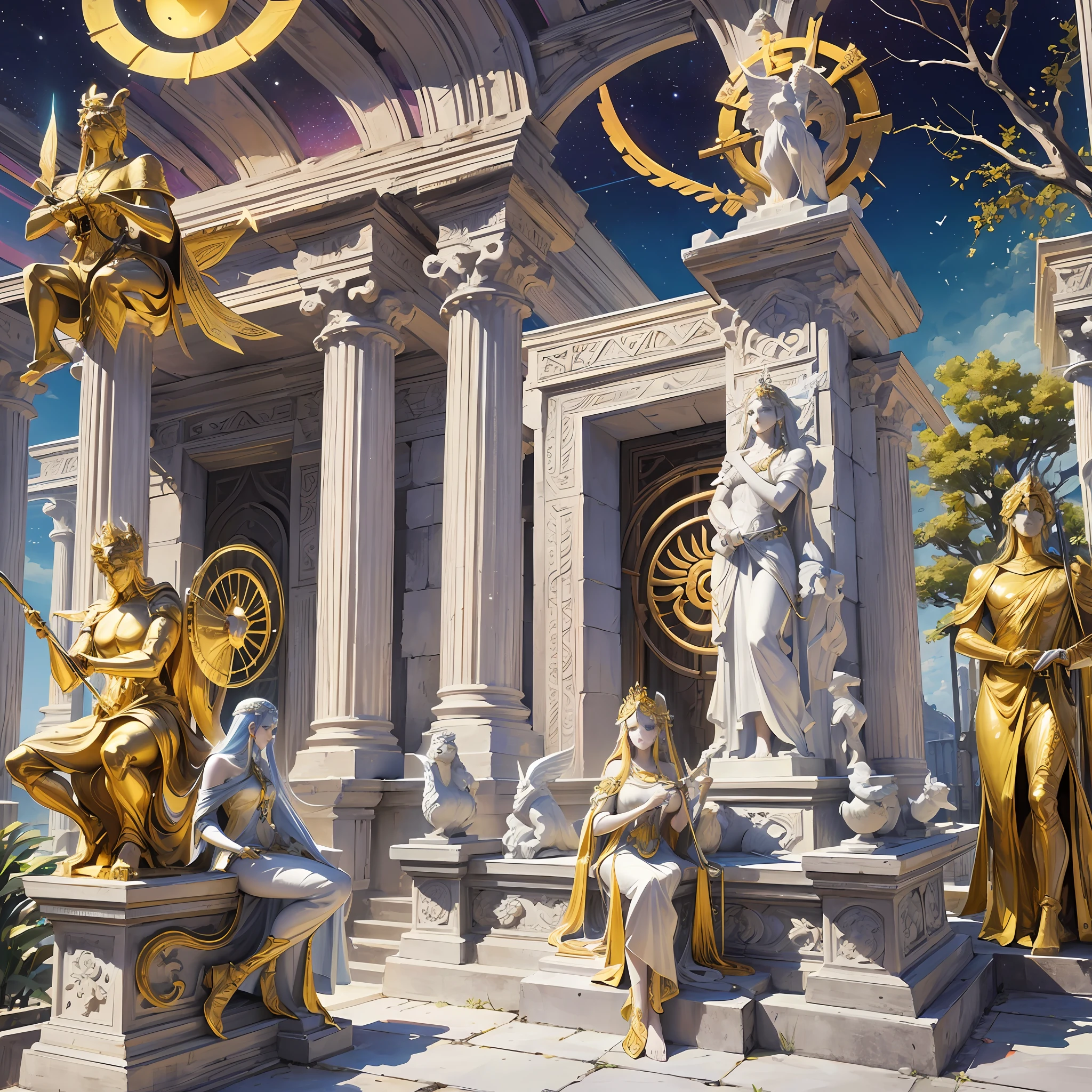 Create an image of a temple highlighting its grandeur and majesty. The temple is rectangular and has a large and imposing entrance, with a triangular roof that extends towards the sky. The walls of the temple are tall and decorated with intricate friezes and ornaments, depicting mythological and historical scenes. Upon entering the temple, we see a series of statues of Greek gods arranged along the walls. The statues are tall and imposing, made of white marble and carved with great skill and detail. We see statues of Zeus, the king of the gods, with his lightning bolt in one hand and his eagle in the other; of Athena, the goddess of wisdom, holding her spear and her shield; of Hera, the queen of the gods, with her golden crown and scimitar. Other statues include Poseidon, the god of the sea, holding his trident; Aphrodite, the goddess of love and beauty, with her golden apple; Apollo, the god of the sun and music, playing his lyre; and Hades, the god of the dead, holding his iron scepter. The light entering the temple is soft and diffuse, filtered through the tall, narrow windows that scatter across the walls. The atmosphere is sacred and tranquil, with a reverential silence that is broken only by the occasional murmur of amazed visitors --auto --s2