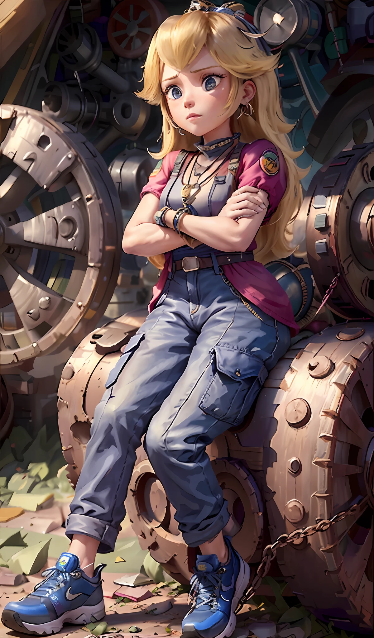 4k, realistic, carismatic, very detail, there is a girl in workshop, she is a mechanic, baggy pants many pocket, navy theme, wavy hair, 25 years old, full body, wearing nike shoes, necklace, wearing many bracelet, hold wrench