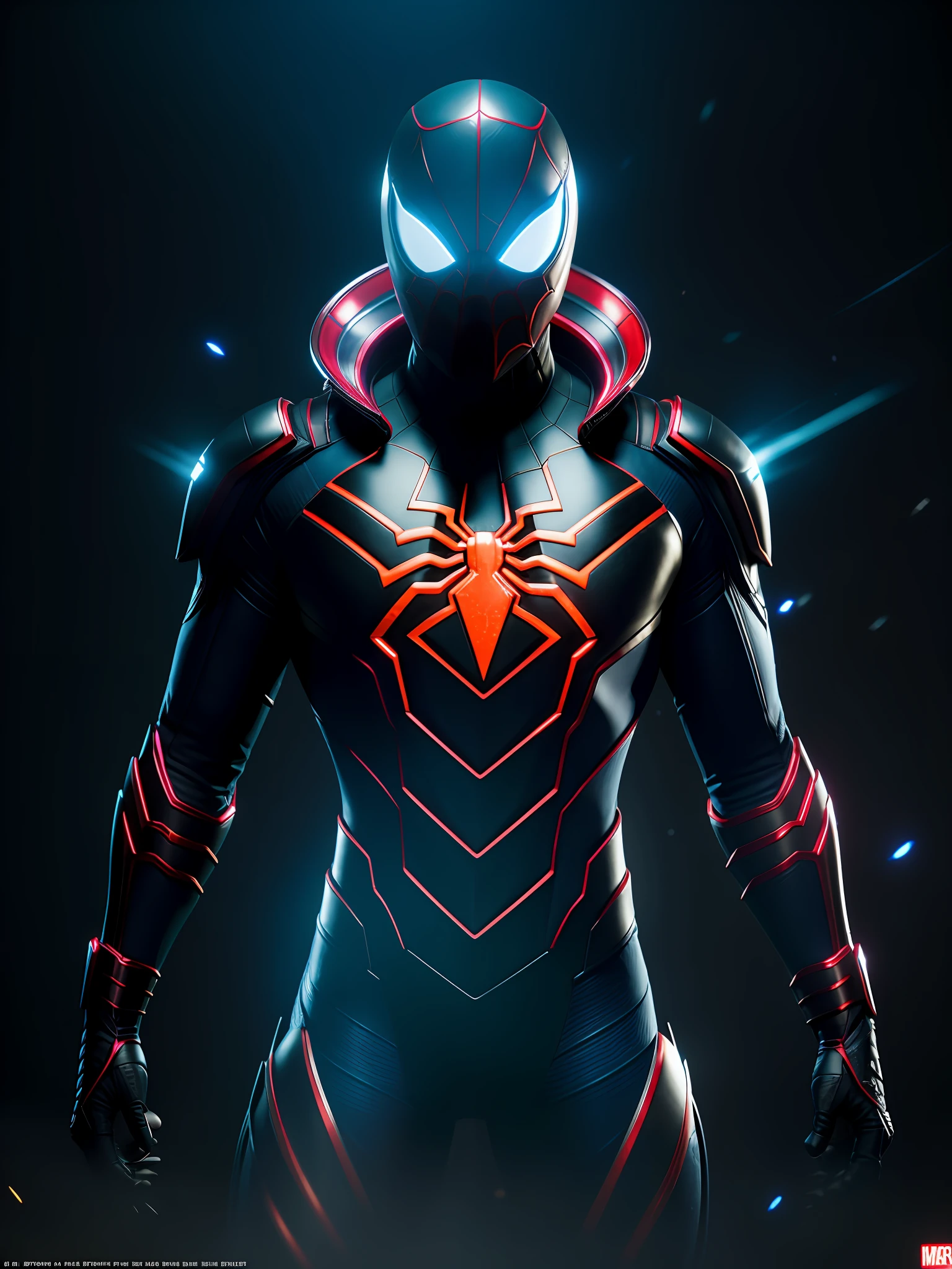 midjourny-v4 style, professional Spider-Venom from Marvel photo shot, with a very detailed intricate cybernetic outfit, a very detailed beautiful face standing in the dark with black particles surrounding the body, proportional body shape + perfect anatomy, symmetrical dynamic pose, volumetric shadow, neon glowing dust particle effect + detailed particles, Full HD rendering + octane 3D rendering + unreal engine 5 graphics 4k UHD +  Huge Detail + Dramatic Lighting + Good Lighting + Good Lighting + Intricate + Fine Details + Octane Render + Ray Tracing + 8k + Sharp Focus + High Vibration Contrast, Marvel-Style, Trending on ArtStation