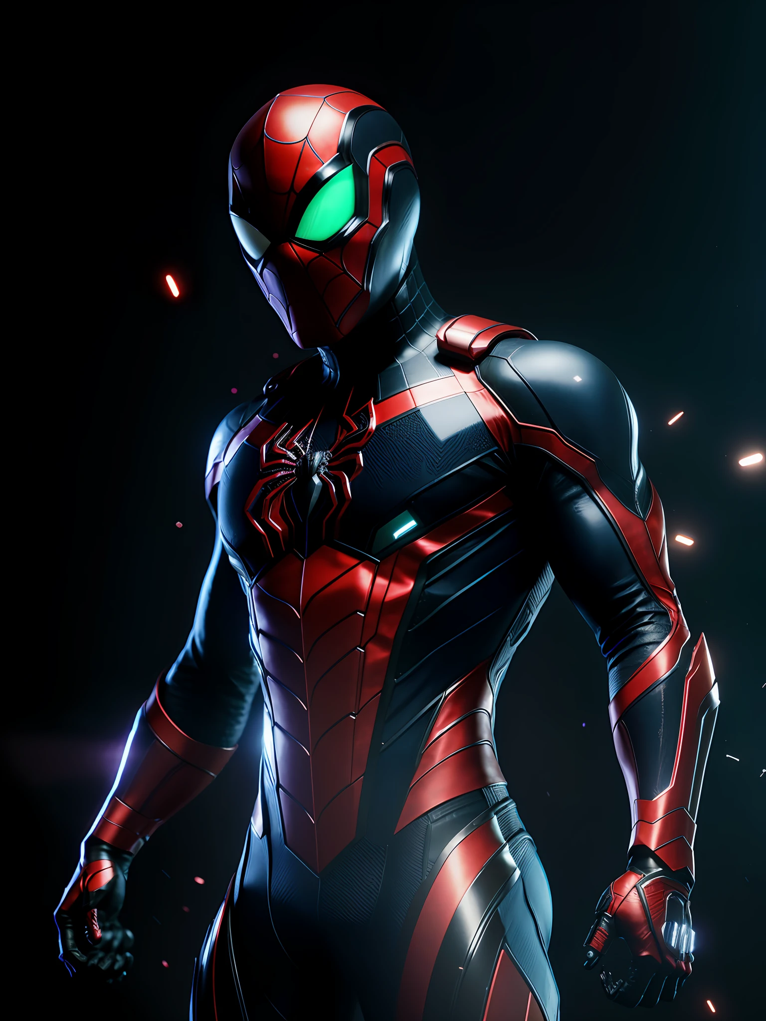 midjourny-v4 style, professional Spider-Venom from Marvel photo shot, with a very detailed intricate cybernetic outfit, a very detailed beautiful face standing in the dark with black particles surrounding the body, proportional body shape + perfect anatomy, symmetrical dynamic pose, volumetric shadow, neon glowing dust particle effect + detailed particles, Full HD rendering + octane 3D rendering + unreal engine 5 graphics 4k UHD + Huge Detail + Dramatic Lighting + Good Lighting + Good Lighting + Intricate + Fine Details + Octane Render + Ray Tracing + 8k + Sharp Focus + High Vibration Contrast, Marvel-Style, Trending on ArtStation