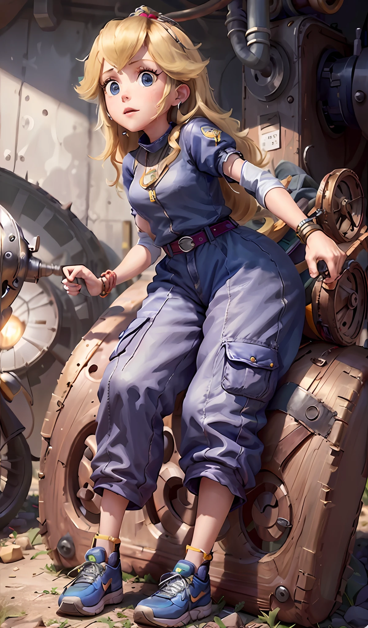 4k, realistic, carismatic, very detail, there is a girl in workshop, she is a mechanic, baggy pants many pocket, navy theme, wavy hair, 25 years old, full body, wearing nike shoes, necklace, wearing many bracelet, hold wrench