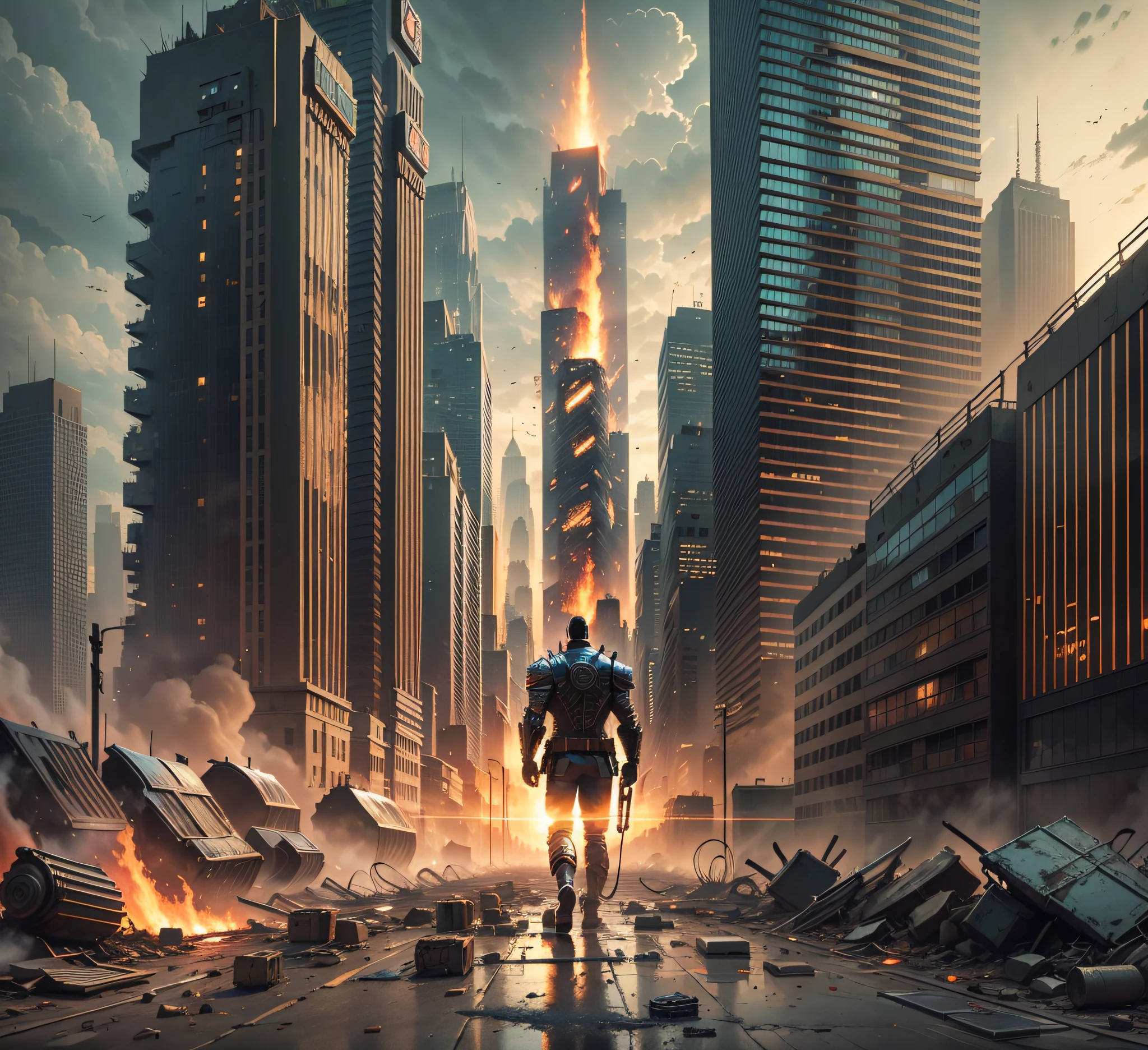 SinCityMovie-style landscape of a post-apocalyptic city, with a man in armor staring at smoldering buildings, fire, debris, chaos --auto --s2