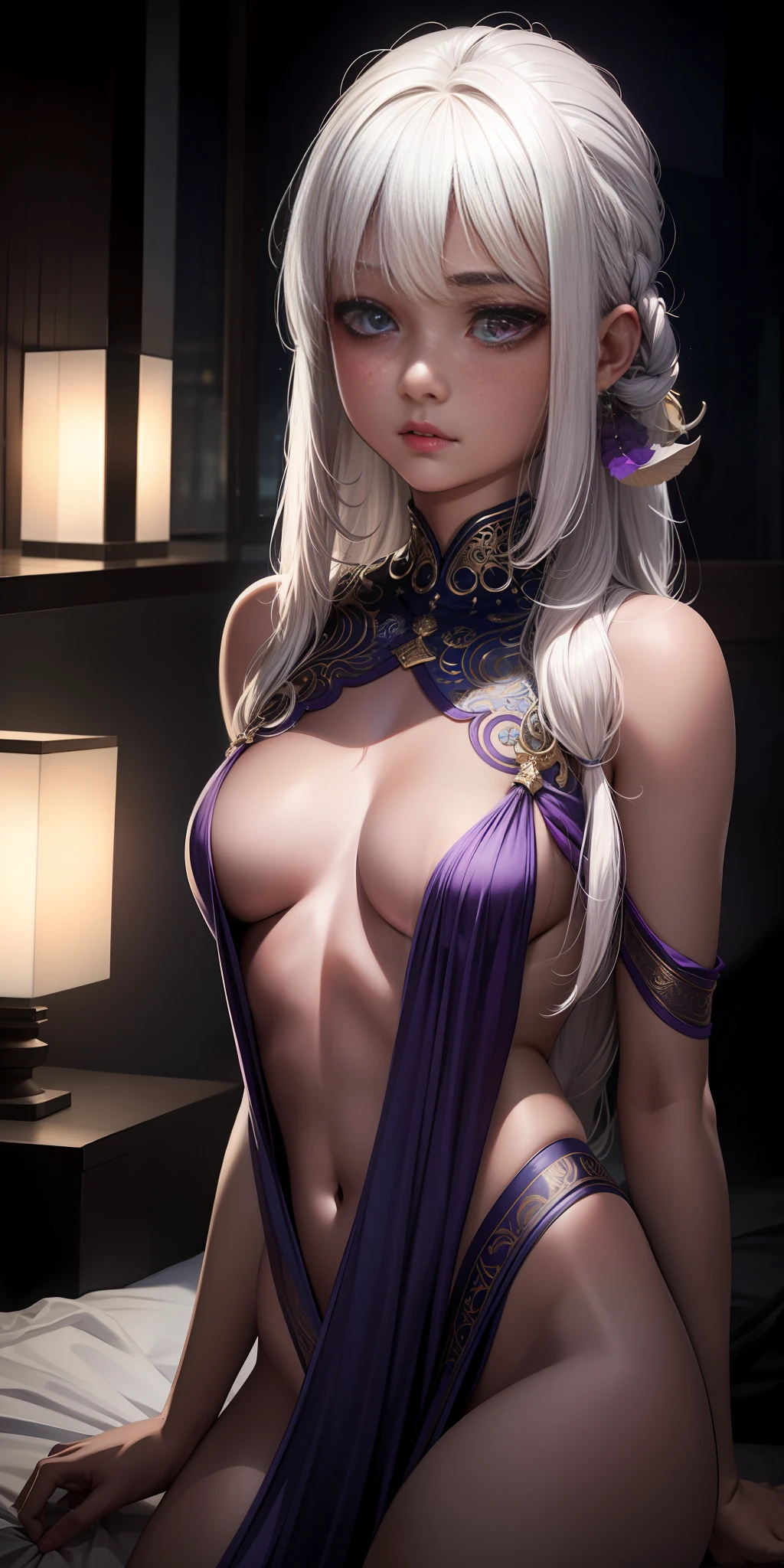 realistic, 1 Indian girl, white hair, small chest, purple eyes, glowing eyes, topples, unconcerned, NSFW, cleavage, mouth open, bare skin, undressed, sexy, blush, in the bed, sleeping,