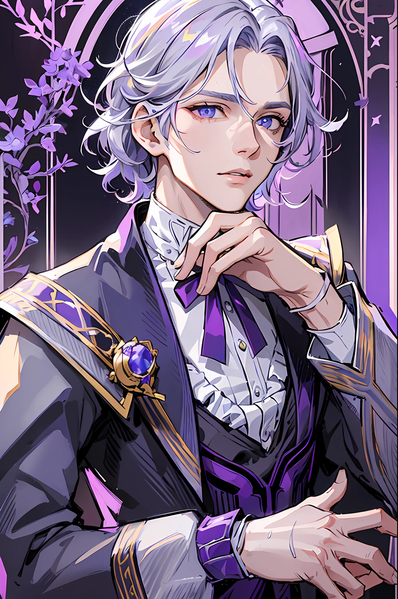 Prince, Young Man, male, 1boy, mature male, manly, purple blood, purple decoration, crystal, gemstone, shine, shiny crystal, depicting delicate eyes, opal eyes, depicting delicate facial features, white uniform, extreme multiplication, exquisite and complex design, white gloves, gothic style, gorgeous aristocratic dress, purple blood, ribbon, crown of thorns, gray hair, extreme detail, delicate depiction, light blue eyes, all colors except purple are low saturation, Only purple is the most conspicuous, royal, elegant, noble, royal dress