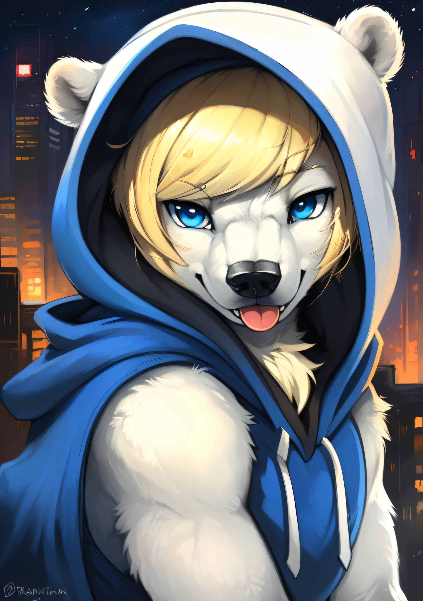 beautiful, masterpiece, 4k, 8k, high-res, sharp lighting, kenket, Ross Tran, ruan jia, detailed eyes, detailed face, detailed illustration, (((polar bear character)), red, black and white color palette for white bear skin)), (((sharp eyes))), ((blue eyes), (((wearing a blue hood with the hood pulled up, blonde bangs falling on the face under the hood)))), city in the background of the night,  looking at the viewer, smiling, fangs showing, tongue out, portrait