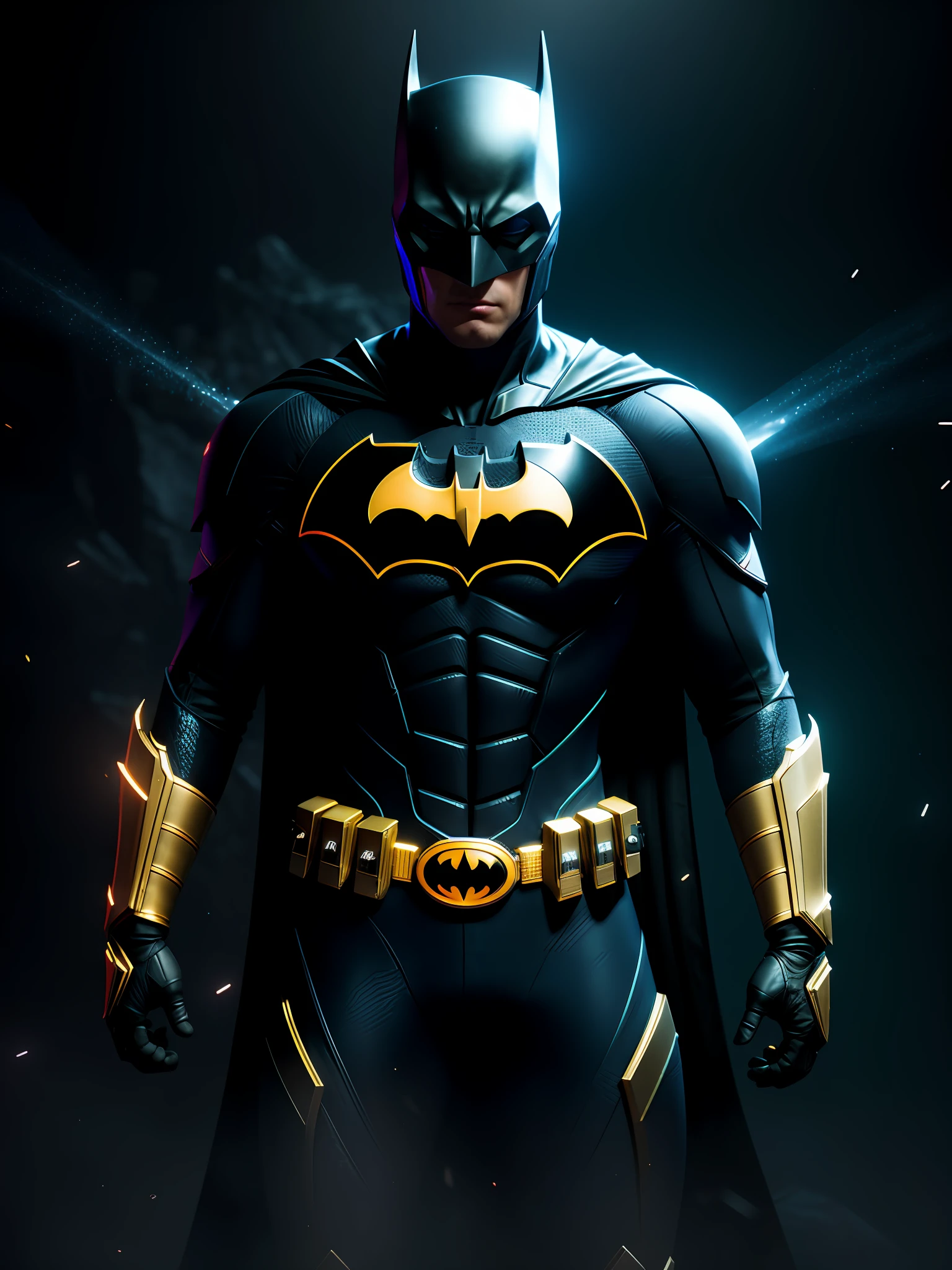 midjourny-v4 style, professional Batman from DC photography, with a very detailed intricate cybernetic outfit, a very detailed beautiful face standing in the dark with black particles surrounding the body, proportional body shape + perfect anatomy, symmetrical dynamic pose, volumetric shadow, neon glowing dust particle effect + detailed particles, Full HD rendering + 3D octane rendering + unreal engine 5 graphics 4k UHD + huge Detail + Dramatic Lighting + Good Lighting + Good Lighting + Intricate + Fine Details + Octane Render + Ray Tracing + 8k + Sharp Focus + High Vibration Contrast, DC-Style, Trending on ArtStation