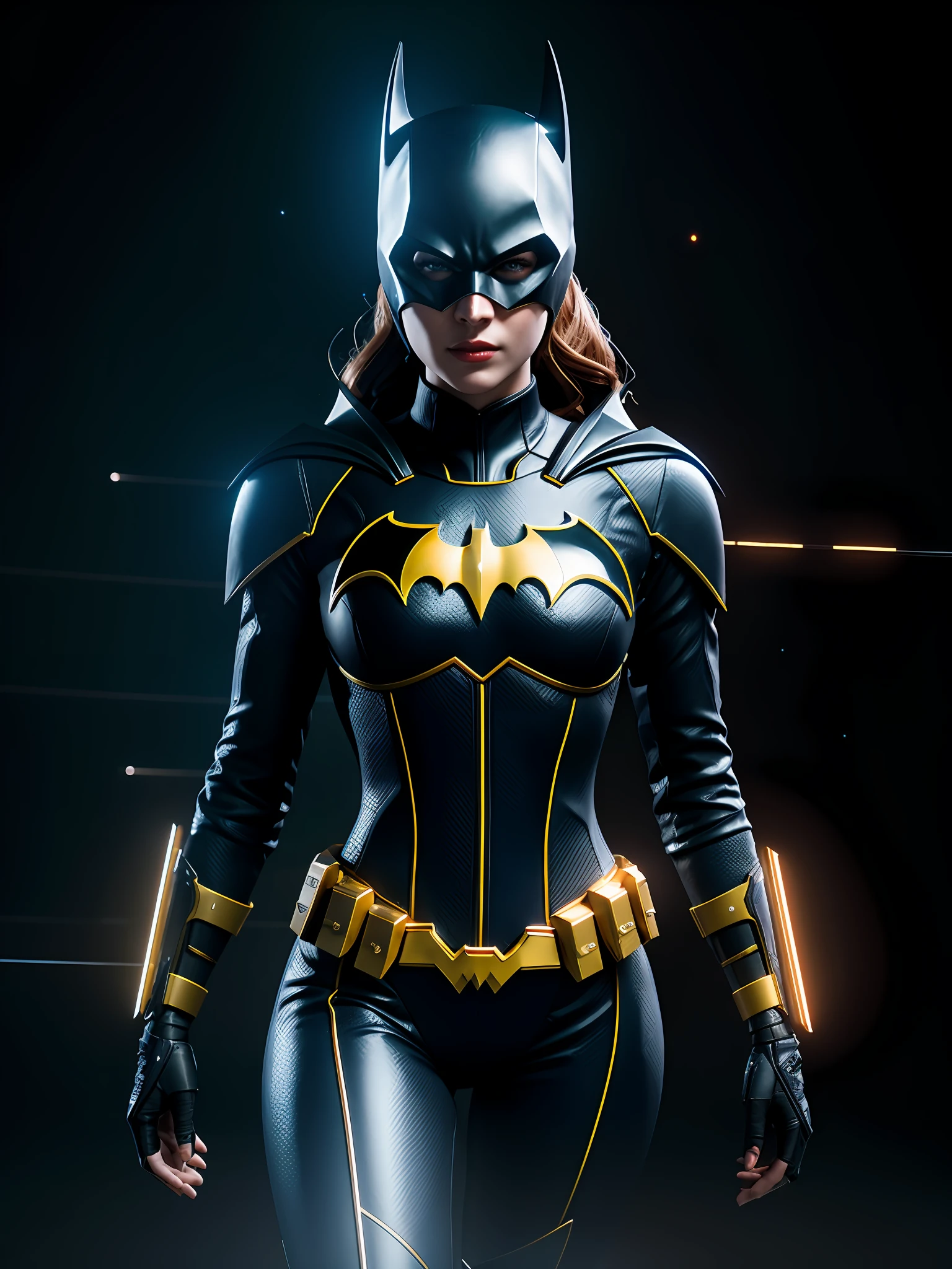 midjourny-v4 style, professional Batgirl from DC photography, with a very detailed intricate cybernetic outfit, a very detailed beautiful face standing in the dark with black particles surrounding the body, proportional body shape + perfect anatomy, symmetrical dynamic pose, volumetric shadow, neon glowing dust particle effect + detailed particles, Full HD rendering + octane 3D rendering + unreal engine 5 4k UHD graphics + huge  Detail + Dramatic Lighting + Good Lighting + Good Lighting + Intricate + Fine Details + Octane Render + Ray Tracing + 8k + Sharp Focus + High Vibration Contrast, DC-Style, Trending on ArtStation