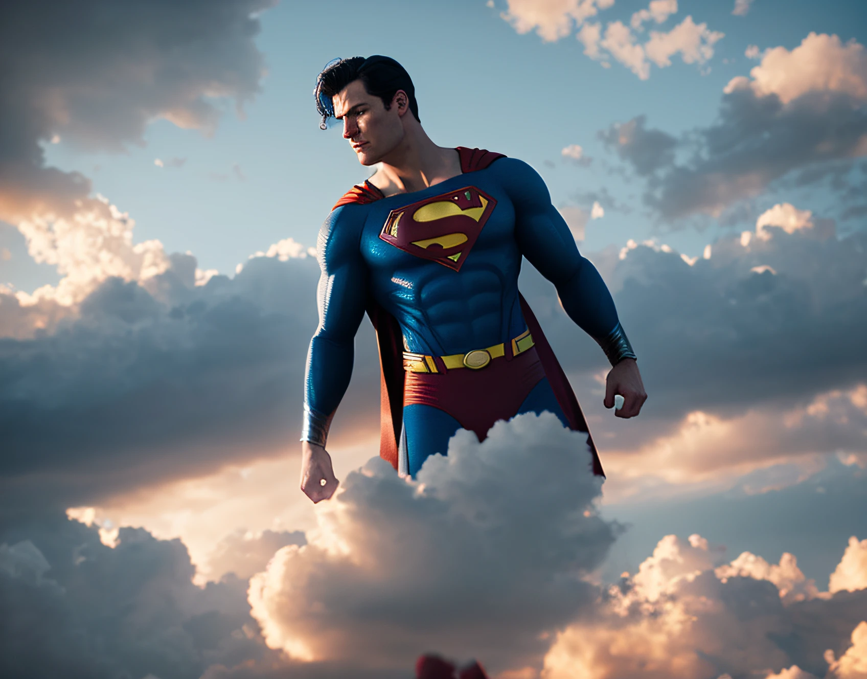 superman, photography, in the background a sky full of clouds, soft lighting, soft details, octane, artstation trending, ultra high detail, ultra realistic, cinematic,16k