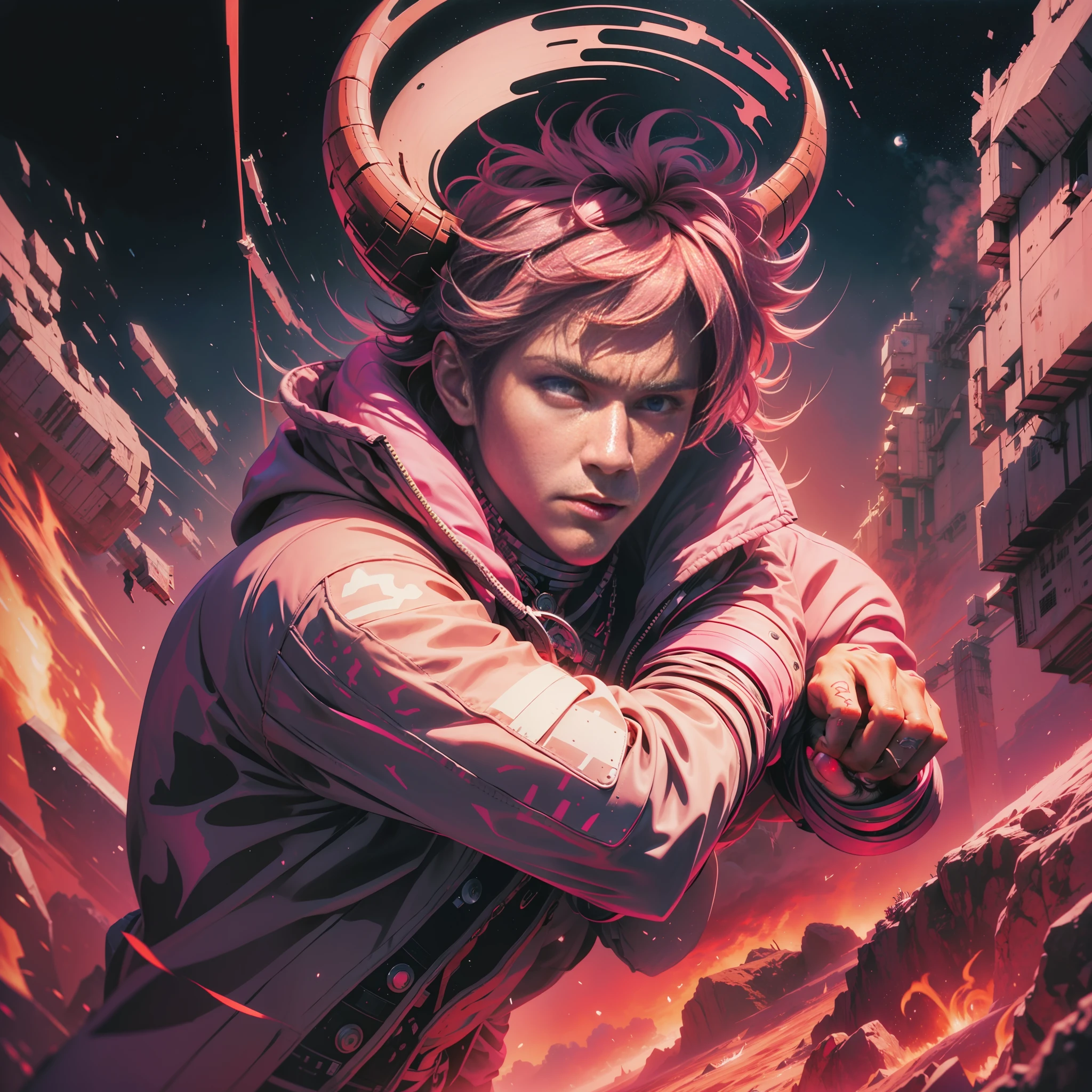 (masterpiece, superior quality, best quality) Unreal Engine 5 .1, male male boy, anime character with pink jacket, pink hat and white horns, crouched, pink iconic character, kentaro miura manga art style, high quality fanart, danganronpa digital art, lowres, demon boy, comic art, Jamie Hewlett inspired art, vibrant fan art, anato finnstark!!, official art, high quality colorful sketch