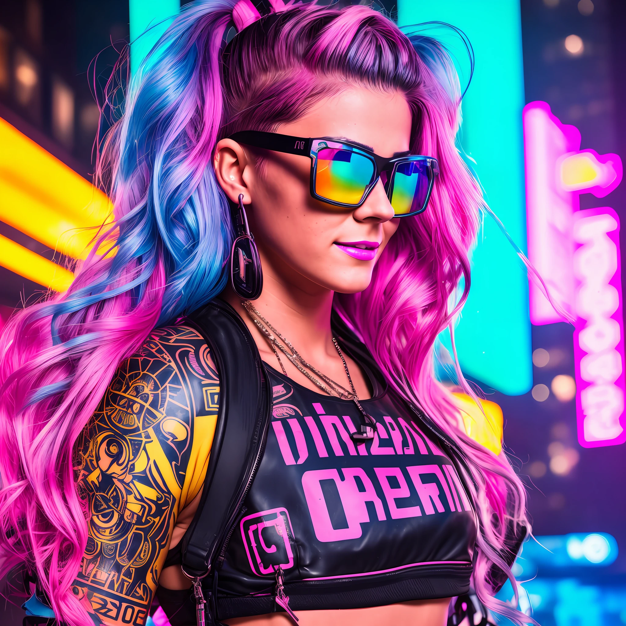 Photograph of the face of a beautiful young woman of 22 years. (Colored hair) Sharpness on the face. Dimples. Athletic body fitness. Sunglasses in neon color. Blue eyes. Tattoos on the neck. Realism, shy smile. Futuristic neon setting. Futurism. Raw. 8k. Cyberpunk Clothing. Cyberpunk Aesthetics. Neon details. Cannon EOS R2. Neon lighting.