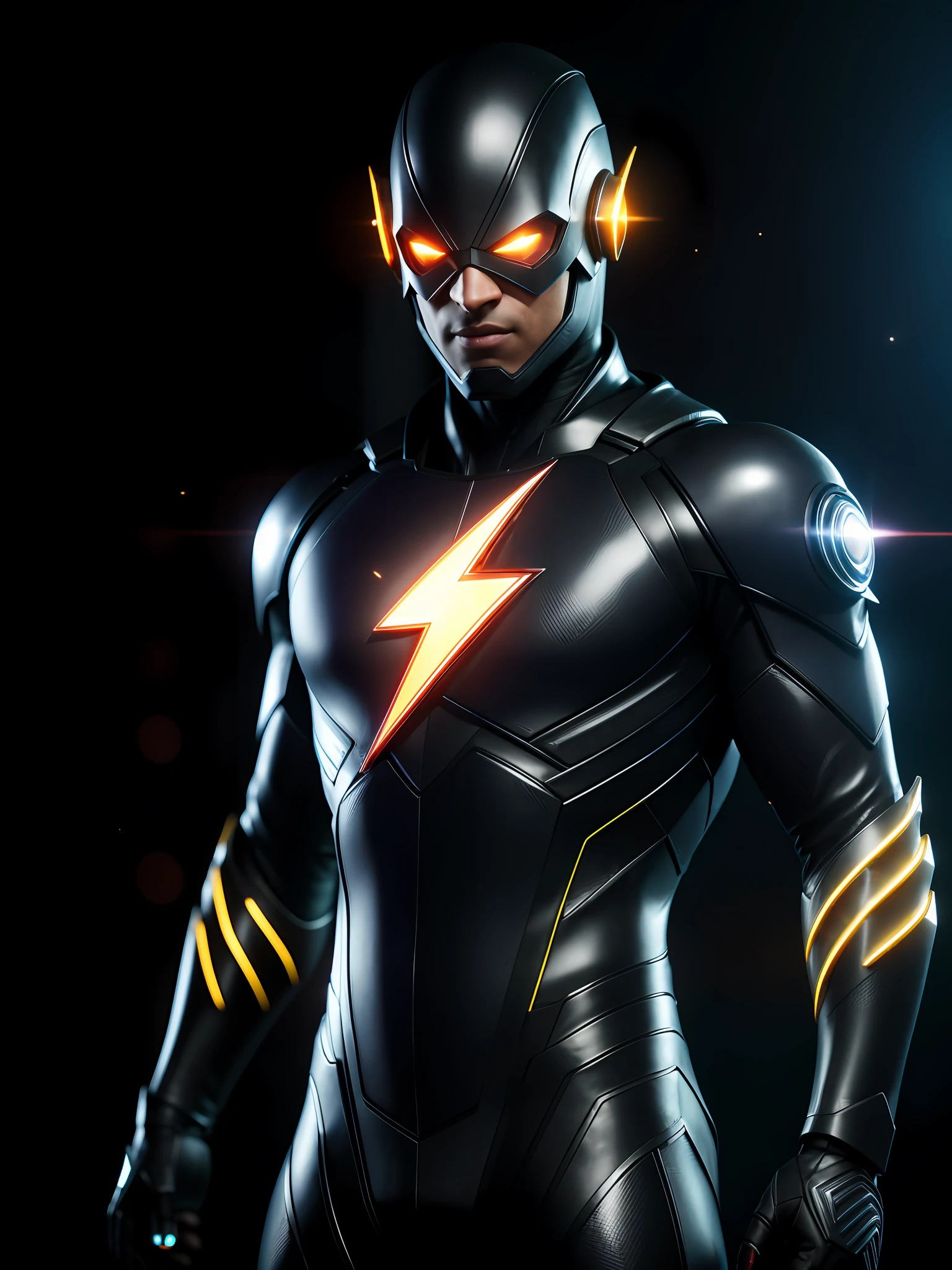 midjourny-v4 style, professional Black Flash from DC photography, with a very detailed intricate cybernetic outfit, a very detailed beautiful face standing in the dark with black particles surrounding the body, proportional body shape + perfect anatomy, symmetrical dynamic pose, three-dimensional shadow, neon glowing dust particle effect + detailed particles, Full HD rendering + octane 3D rendering + unreal engine 5 graphics 4k UHD + huge Detail + Dramatic Lighting + Good Lighting + Good Lighting + Intricate + Fine Details + Octane Render + Ray Tracing + 8k + Sharp Focus + High Vibration Contrast, DC-Style, Trending on ArtStation