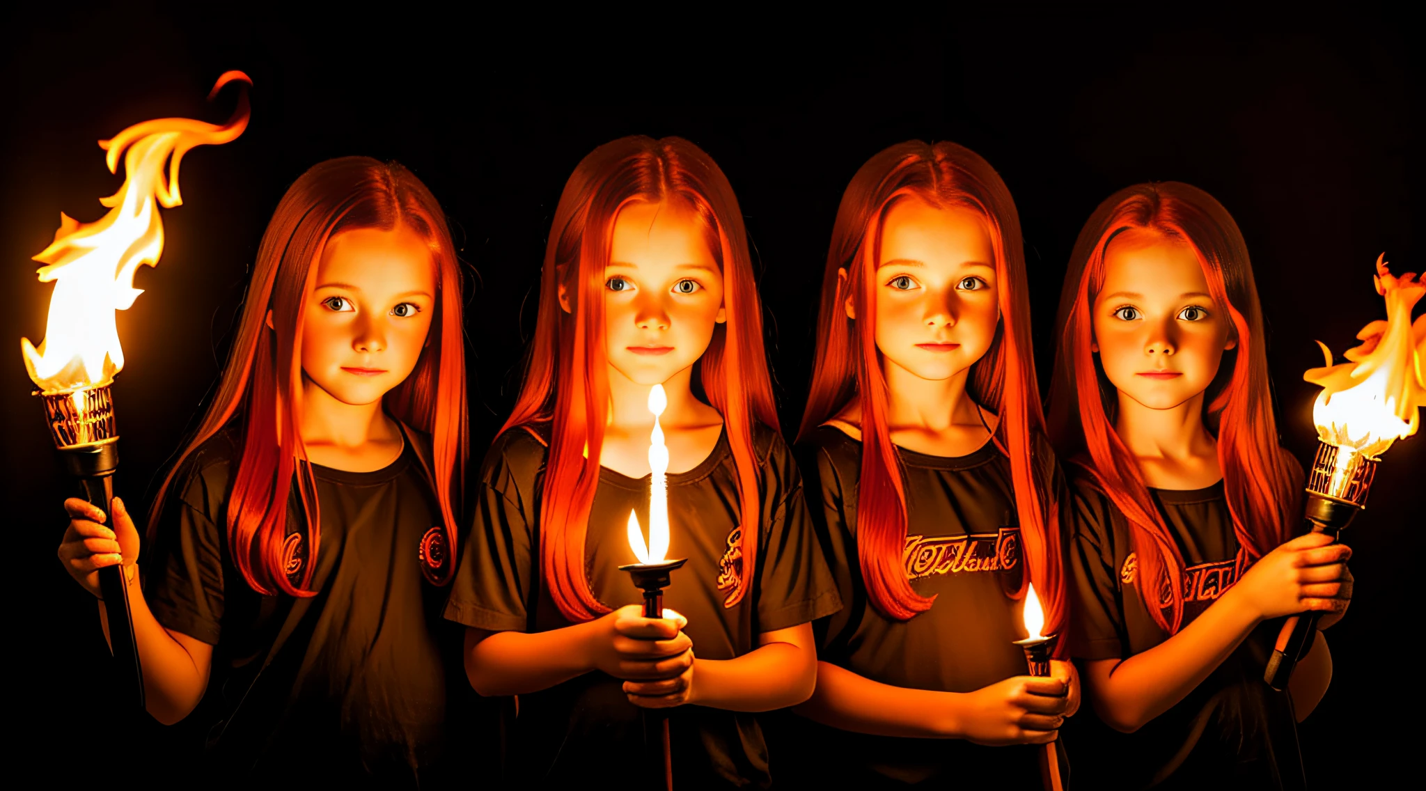 girls  REDHEADS WITH STRAIGHT HAIR, WITH TORCHES OF FIRE IN HAND, RED BACKGROUND,