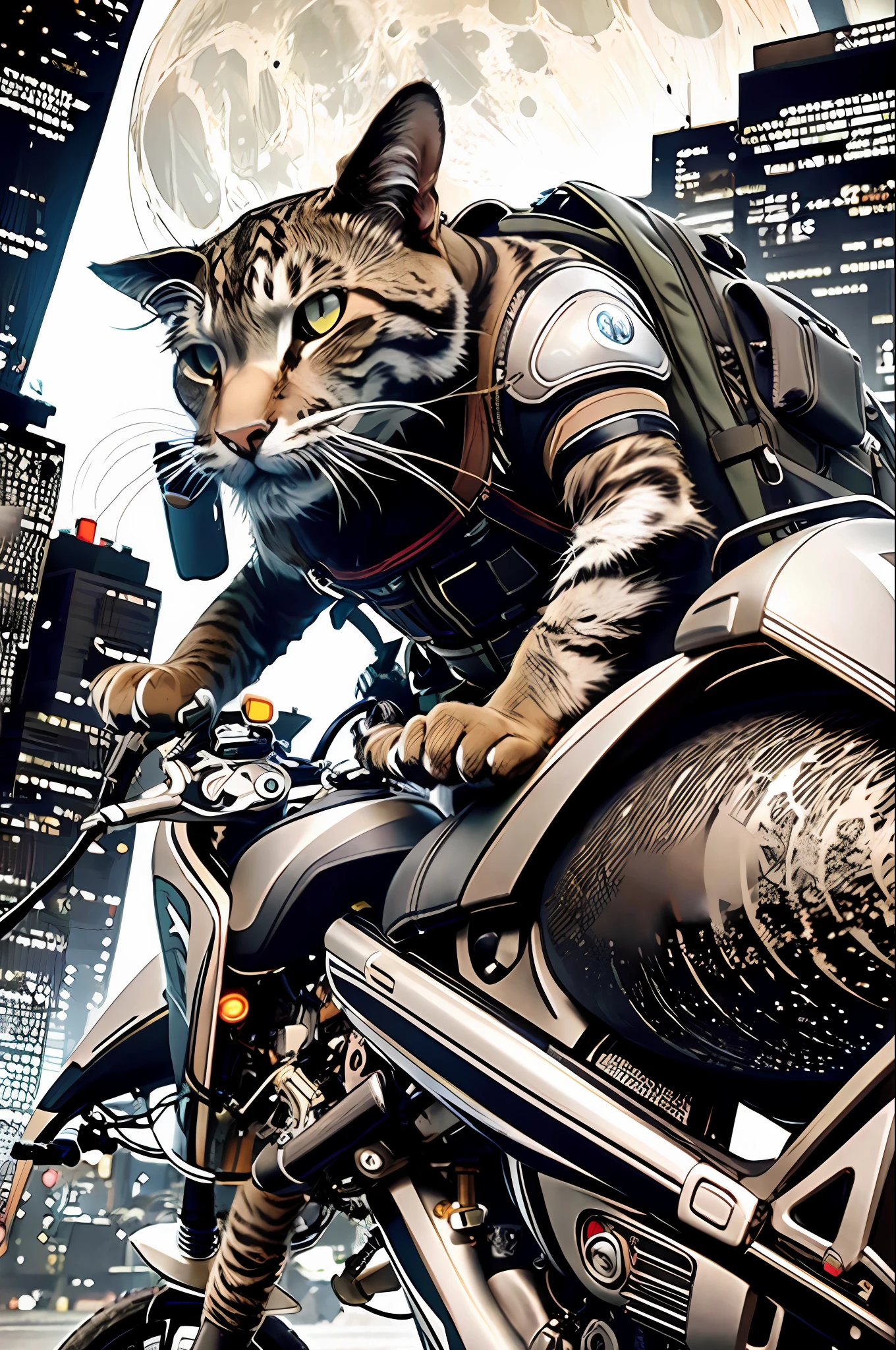 best quality, masterpiece, photo, 4K, photorealistic, highly detailed, 1cat riding motorcycle, techwear, cyberpunk city, solo, futuristic, huge moon in background, black and white, close-up,