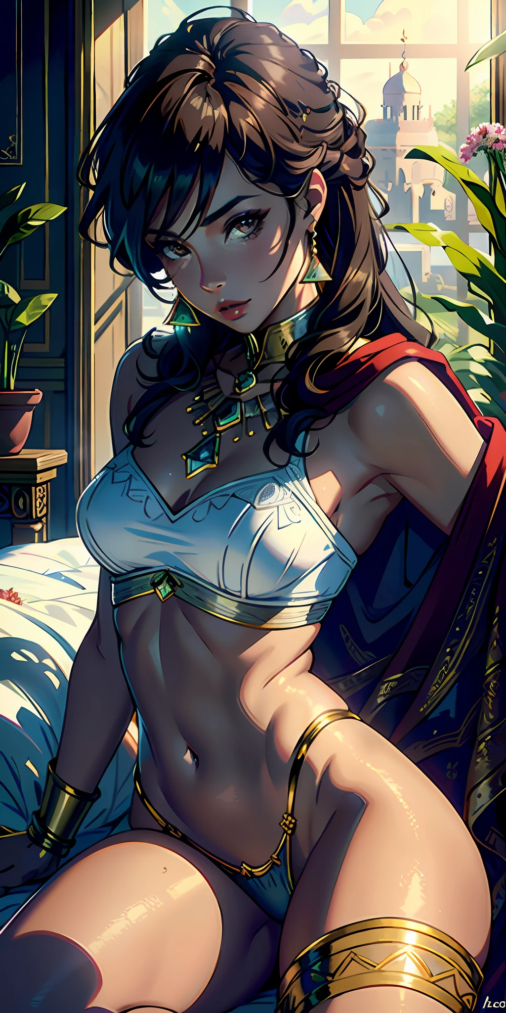Photorealistic, raw photo, hyper detailed, detailed background, Studio lights, chromatic freak, best shadows, solo, 1 woman, Naomi Scott as jasmine princess, brown skin, brown eyes, wearing sexy Royal BLUE outfit, in palace room, Medieval Arabia, shoulders showing, navel showing, lace, makeup, small tight breasts, flowers, plants, shiny skin, lying in bed, Realistic skin texture, HDR, 8K, sharp focus, cinematic