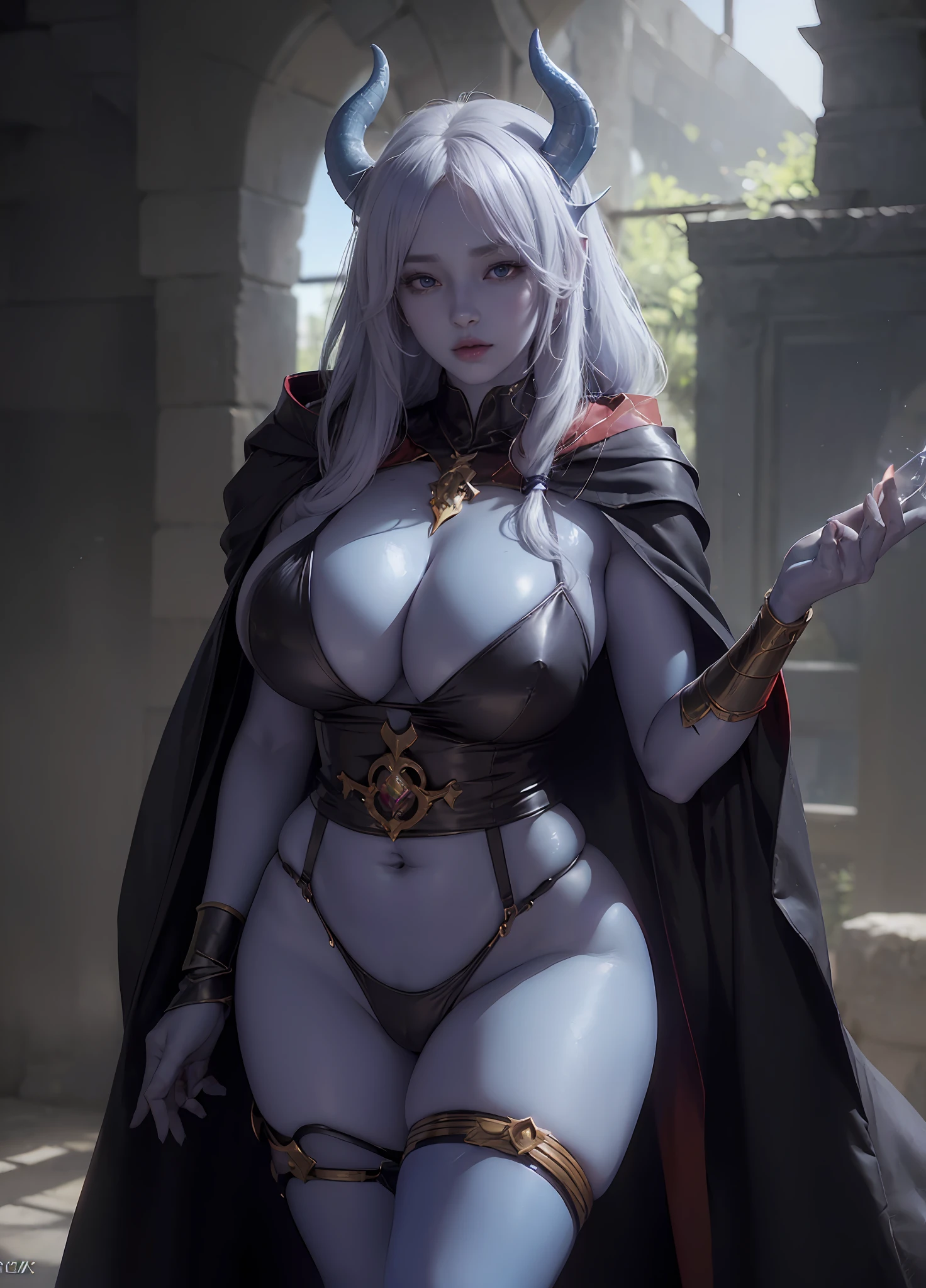 Soraka as a Genshin Impact witch stirring acauldron inside of a Palace dungeon, cape, hooded cape, majestic, solo, alone, Dark Fantasy hentai, Bible Black, Female blue skin alien ta version of Soraka from League of Legends, Sexy lewd hentai ((Trending on Pixiv)), (anime realism), ((photorealistic Sexy)), ((mega large breasts, super curvy but slender, tiny waist, hourglass figure, trending fantasy art, six pack abs, exposing her breasts, massive camel toe, sexy breast indentation)), aroused, ((sfw, one girl)), solo, perfect body, perfect face, perfect hands, perfect fingers, perfect feet, perfect lips, perfect eyes, perfect background, perfect vibe, ((8k, highest resolution, 8k)), ray tracing, perfect volumetric lighting, octane render, high quality vector, ultra detailed, perfect red skin, (no abberations, clear picture), Azur Lane, Ecchi, perfect scene composition, cleavage, trending realism, female Prestige Soraka, blue skin, minimalist background, inside a dungeon