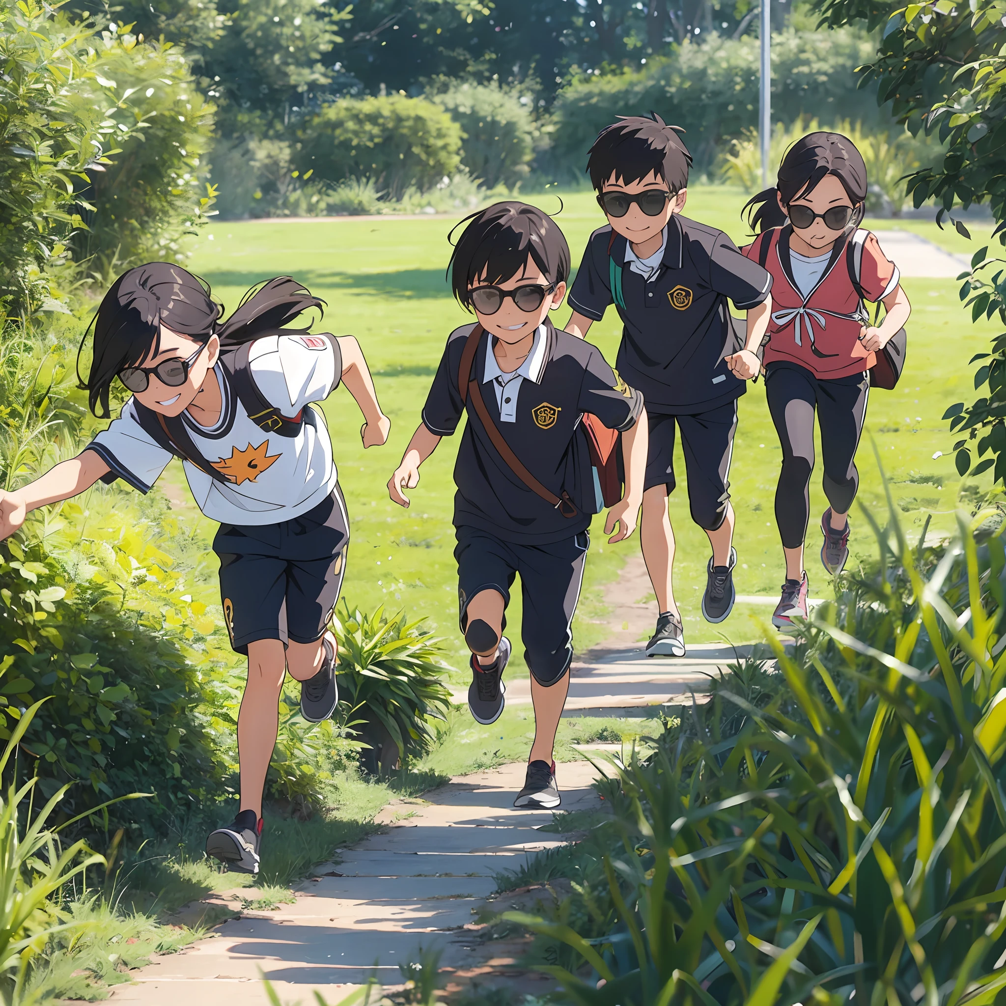 Sun with black glasses is smiling at children running on the grass --auto --s2